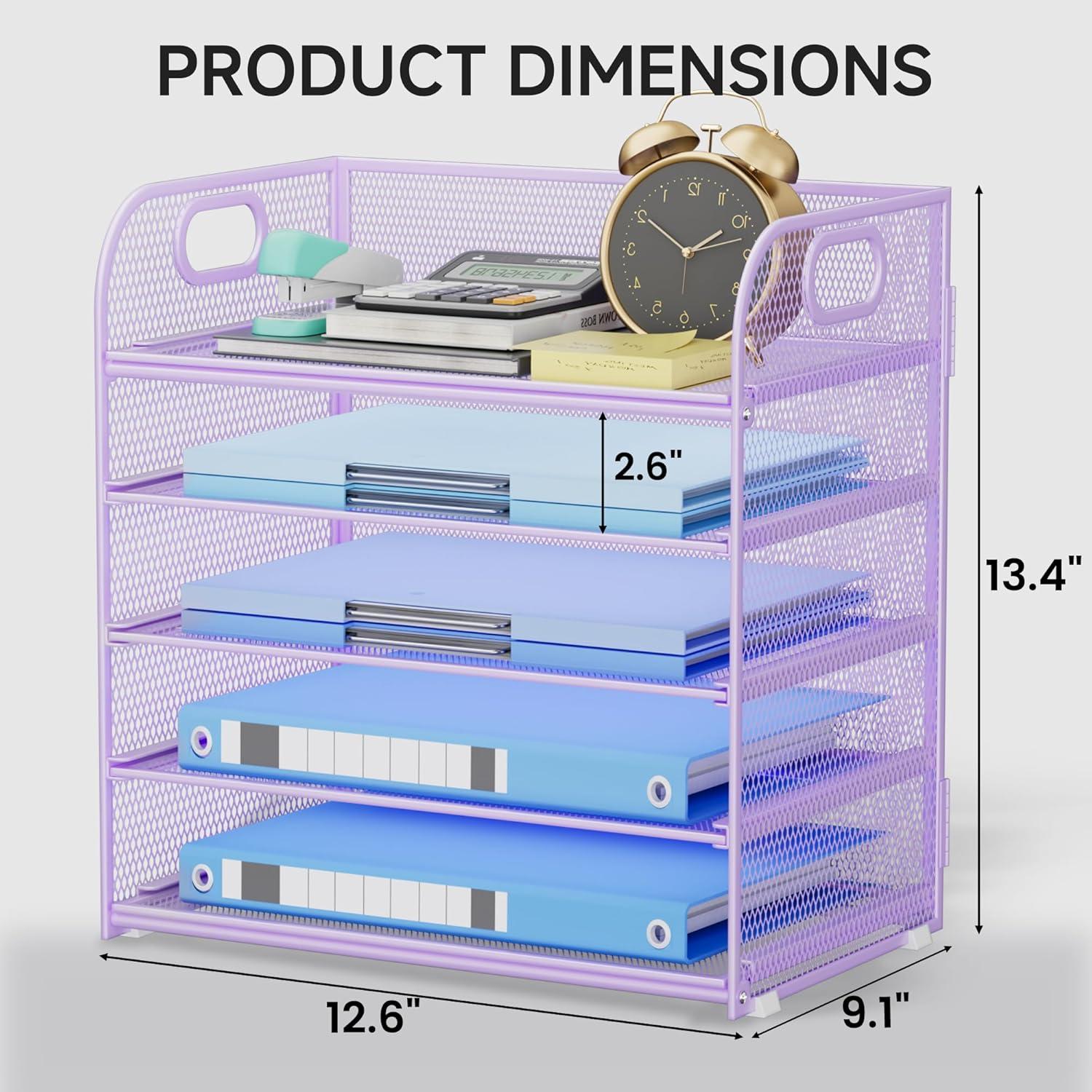 Marbrasse Paper Organizer Letter Tray, 5 Tier Mesh File Organizer with Handle, Paper Sorter Desk Organizer for Home Office Supplies - Purple