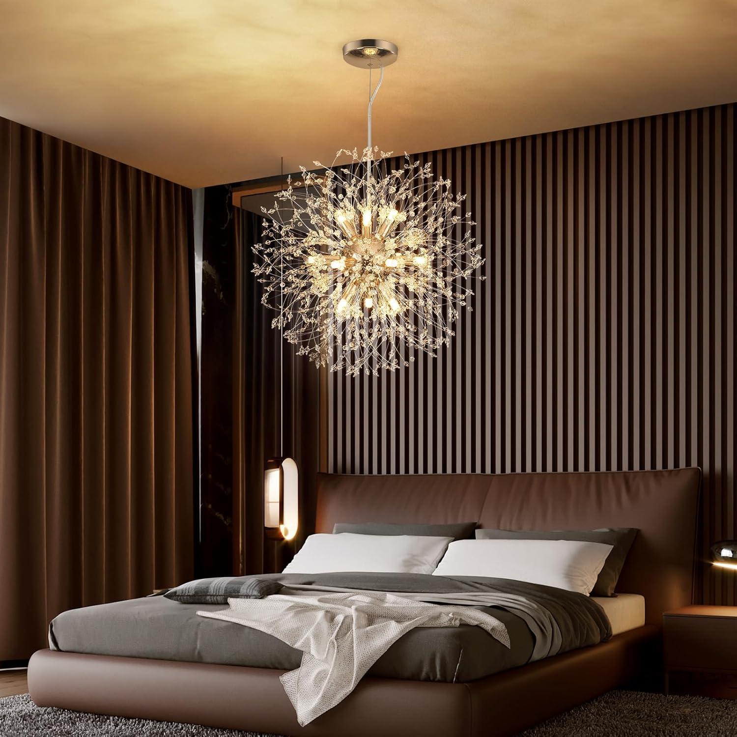 Mercer41 Modern Gold Crystal Chandelier With 12-Light Firework Design, Adjustable Dandelion Pendant Lighting For Dining Room, Living Room, Bedroom, Kitchen, And Hallway