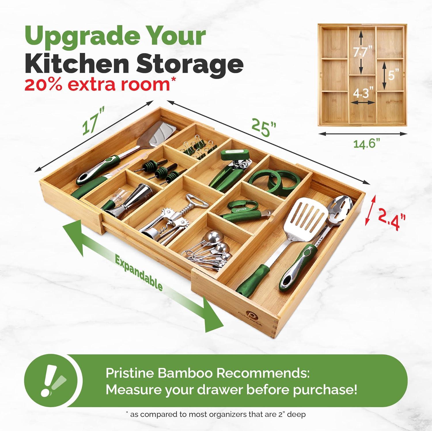 Pristine Bamboo Expandable Drawer Organizers for Kitchen - Extra Deep Non-Slip 17” x 14.6” (expands up to 25 inches) - Dark Wooden Silverware Divider (10 Compartments) – Organize Cooking Utensils