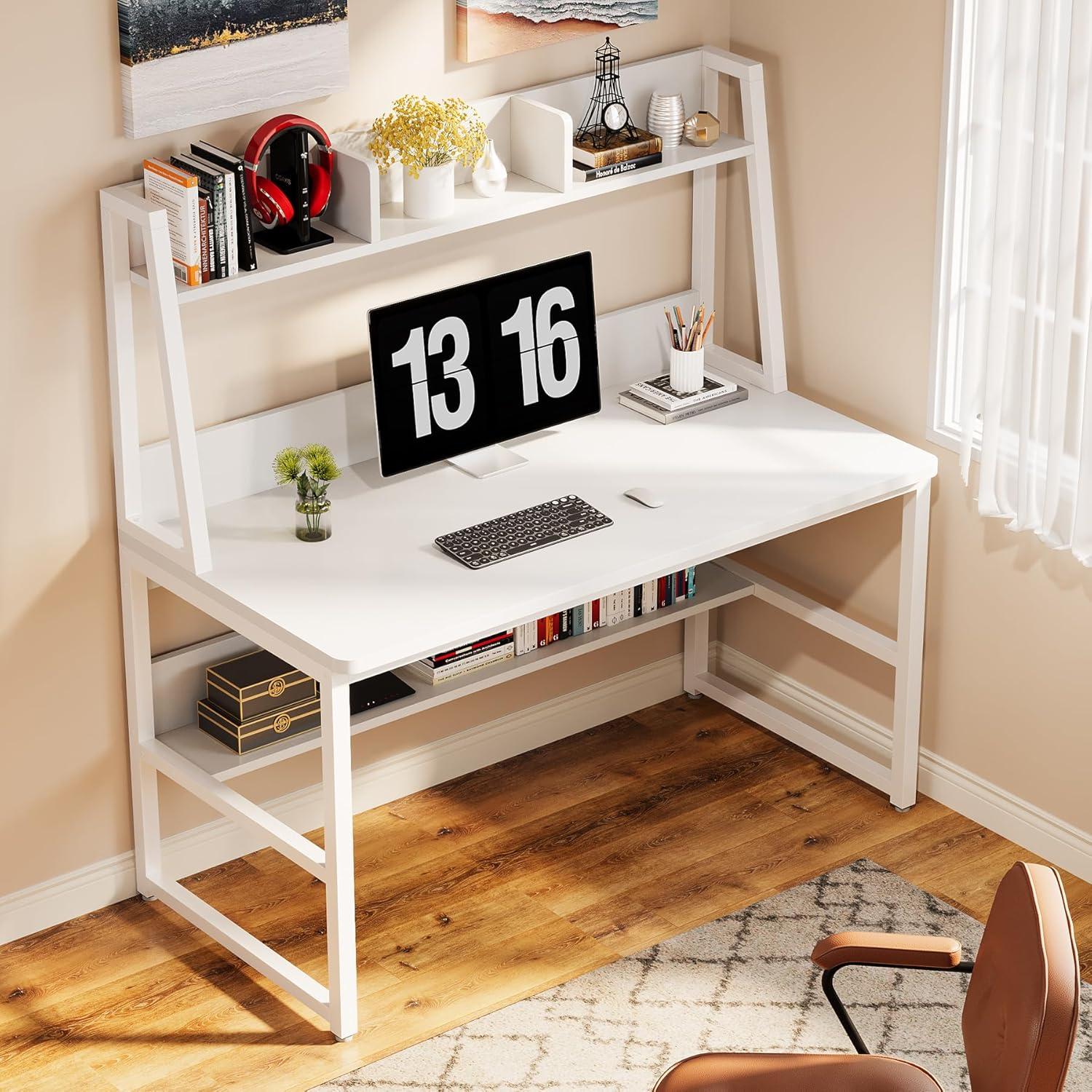 White Particleboard Computer Desk with Hutch and Bookshelf