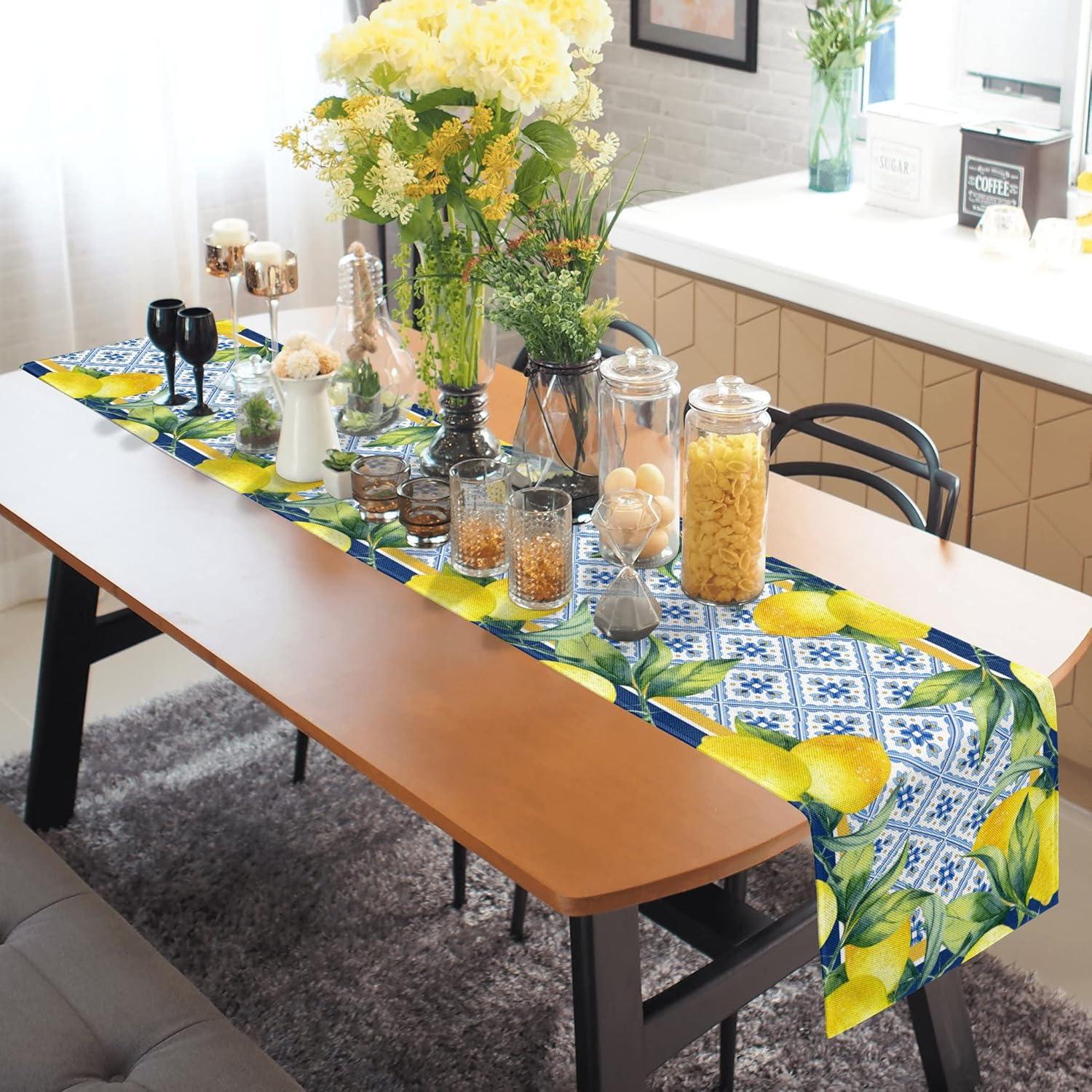 Lemon Burlap Table Runner Seasonal Spring Fall Kitchen Dining Linen Table Decoration for Indoor Outdoor Home Party Dinner 13x72 Inch