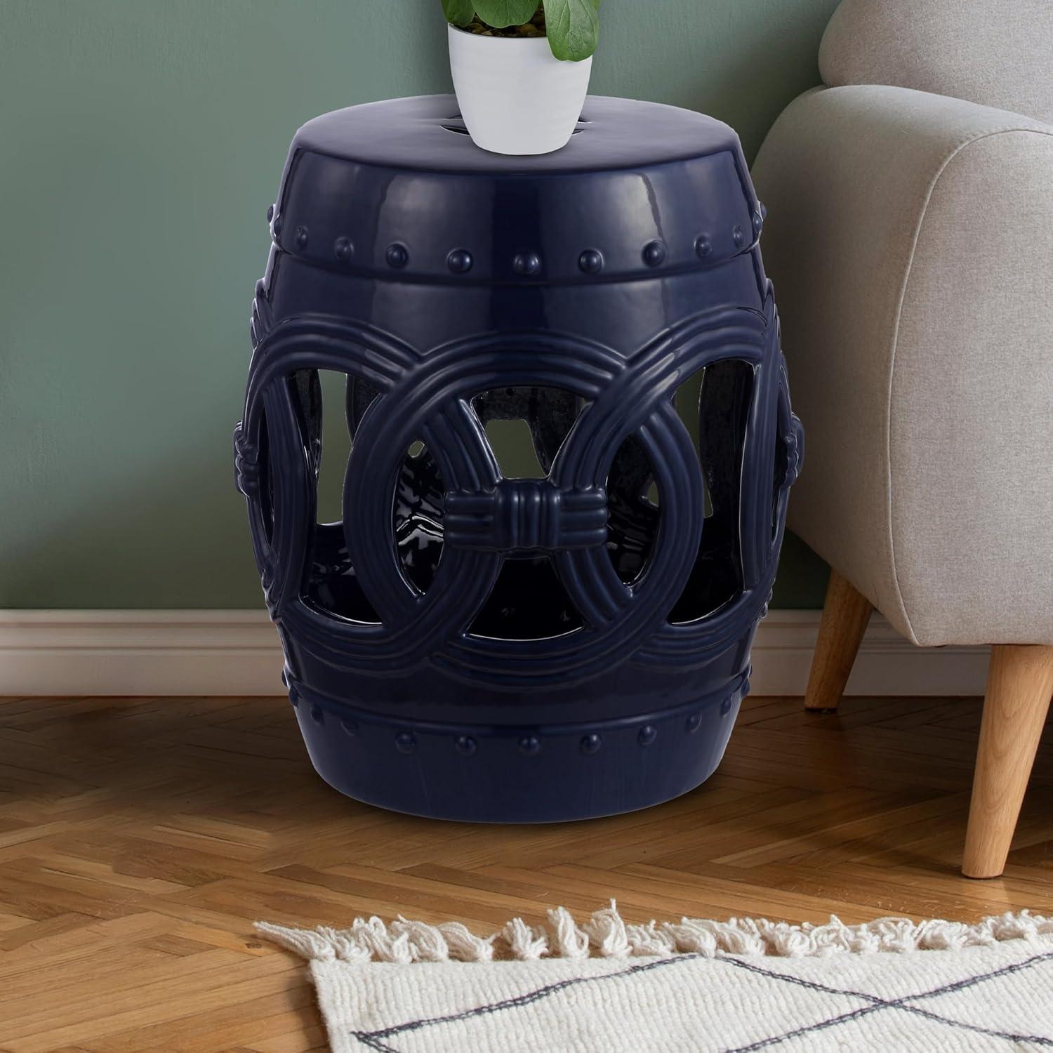 Lucky Coins 16" Eastern-Inspired Ceramic Drum Garden Stool, Navy - JONATHAN Y