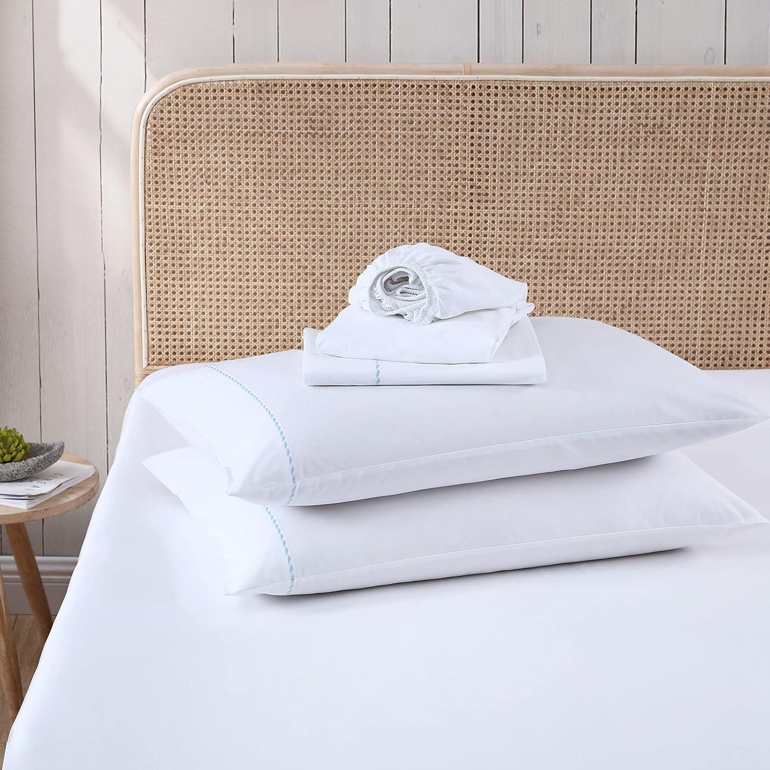 Queen Blue Organic Cotton Embroidered Percale Sheet Set