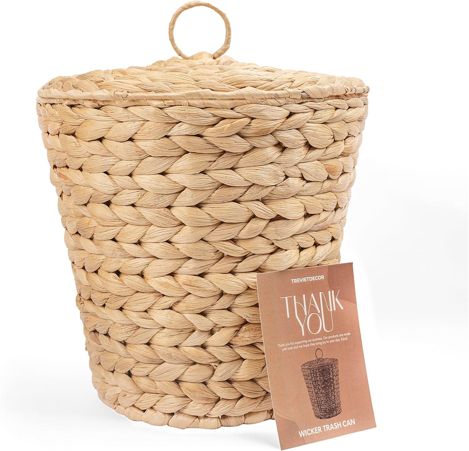 Medium Natural Wicker Round Trash Can with Lid