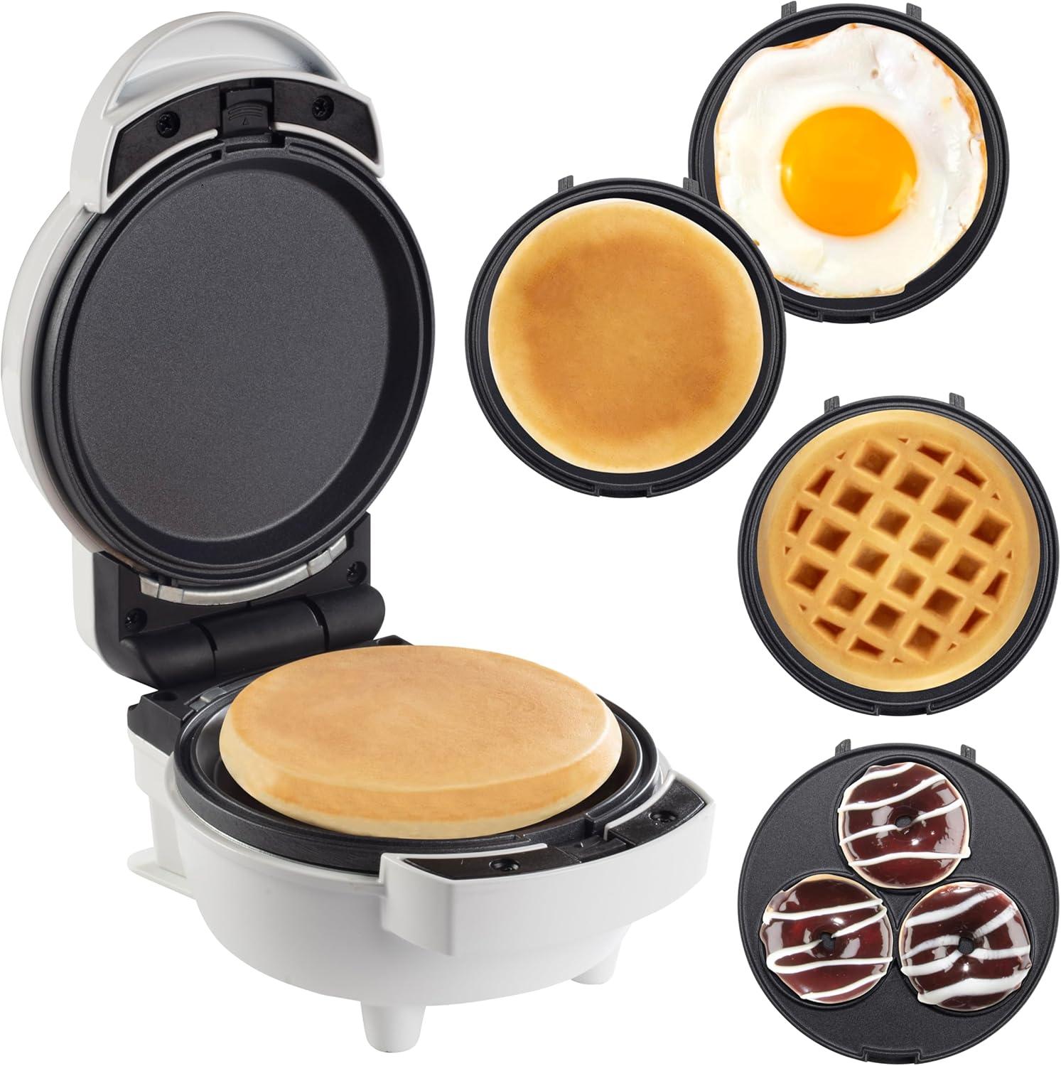 MasterChef 3-in-1 Mini Breakfast Maker- Make Eggs, Pancakes, Donuts, & Waffles and More in One Appliance! 3 Removable Non-Stick Cooking Plates for Easy Cleaning & Storing