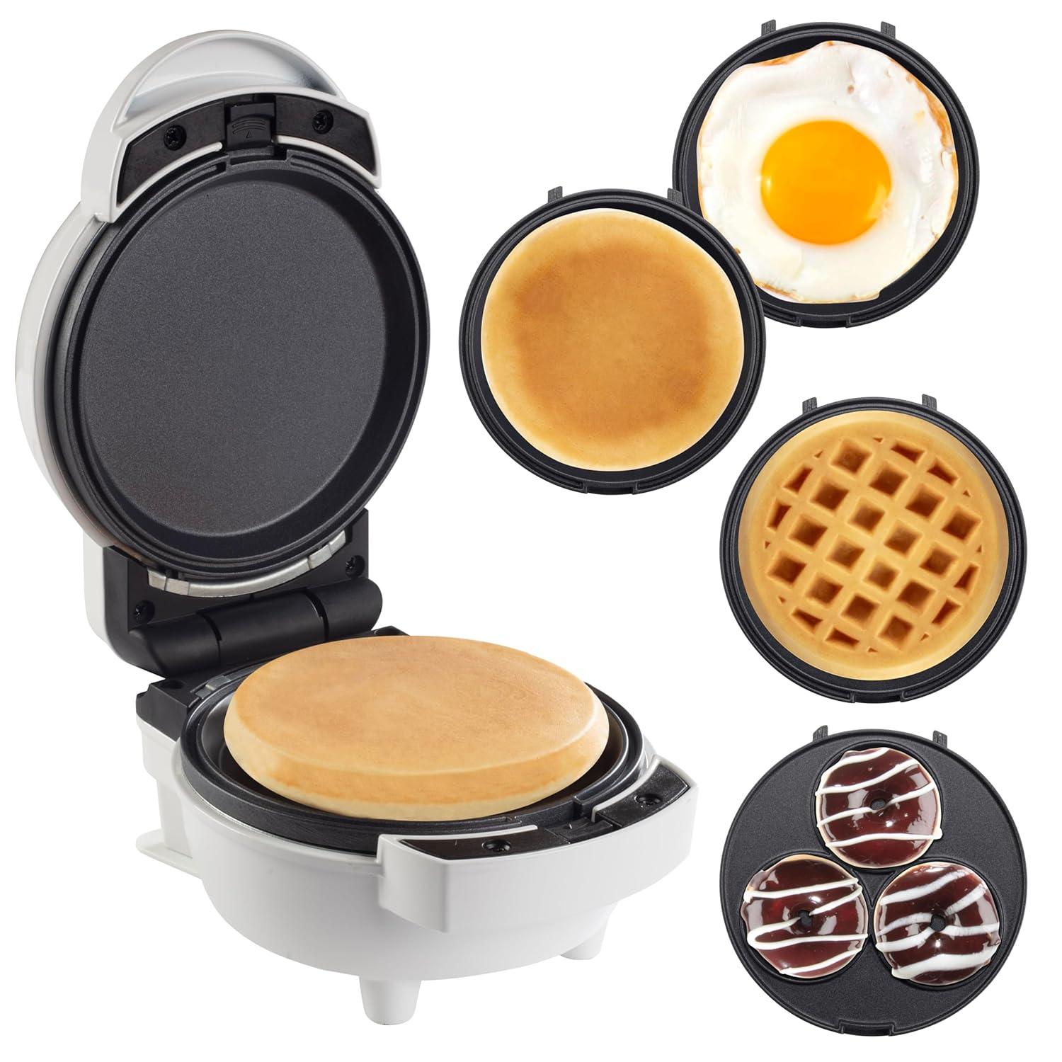 MasterChef 3-in-1 Mini Breakfast Maker- Make Eggs, Pancakes, Donuts, & Waffles and More in One Appliance! 3 Removable Non-Stick Cooking Plates for Easy Cleaning & Storing