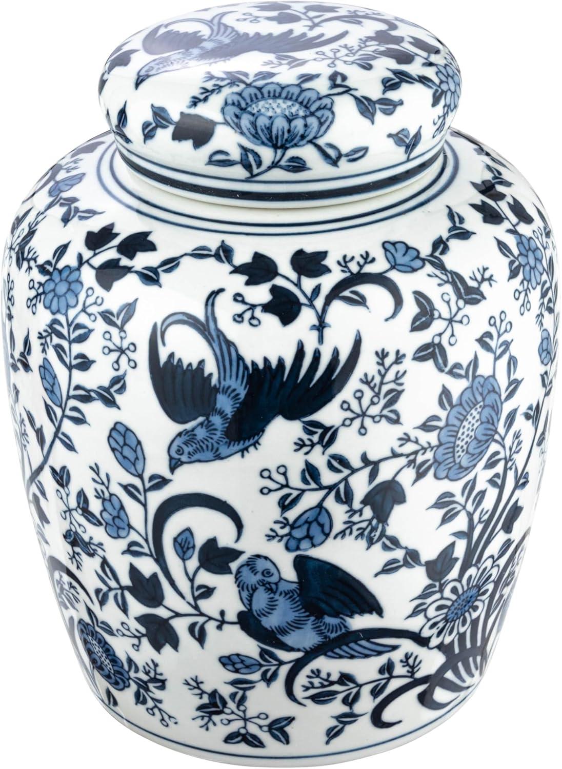 Blue and White Ceramic Ginger Jar with Bird Pattern