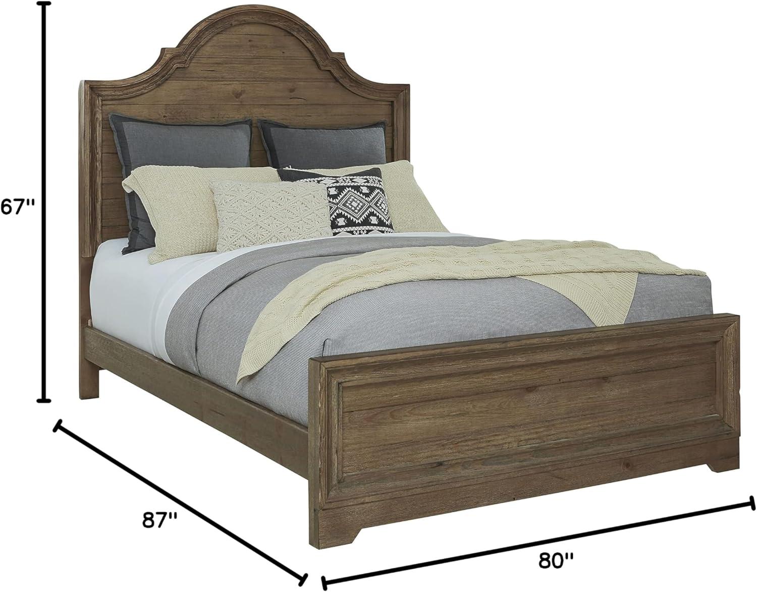 Caramel Brown Pine Wood King Panel Bed with Arched Headboard