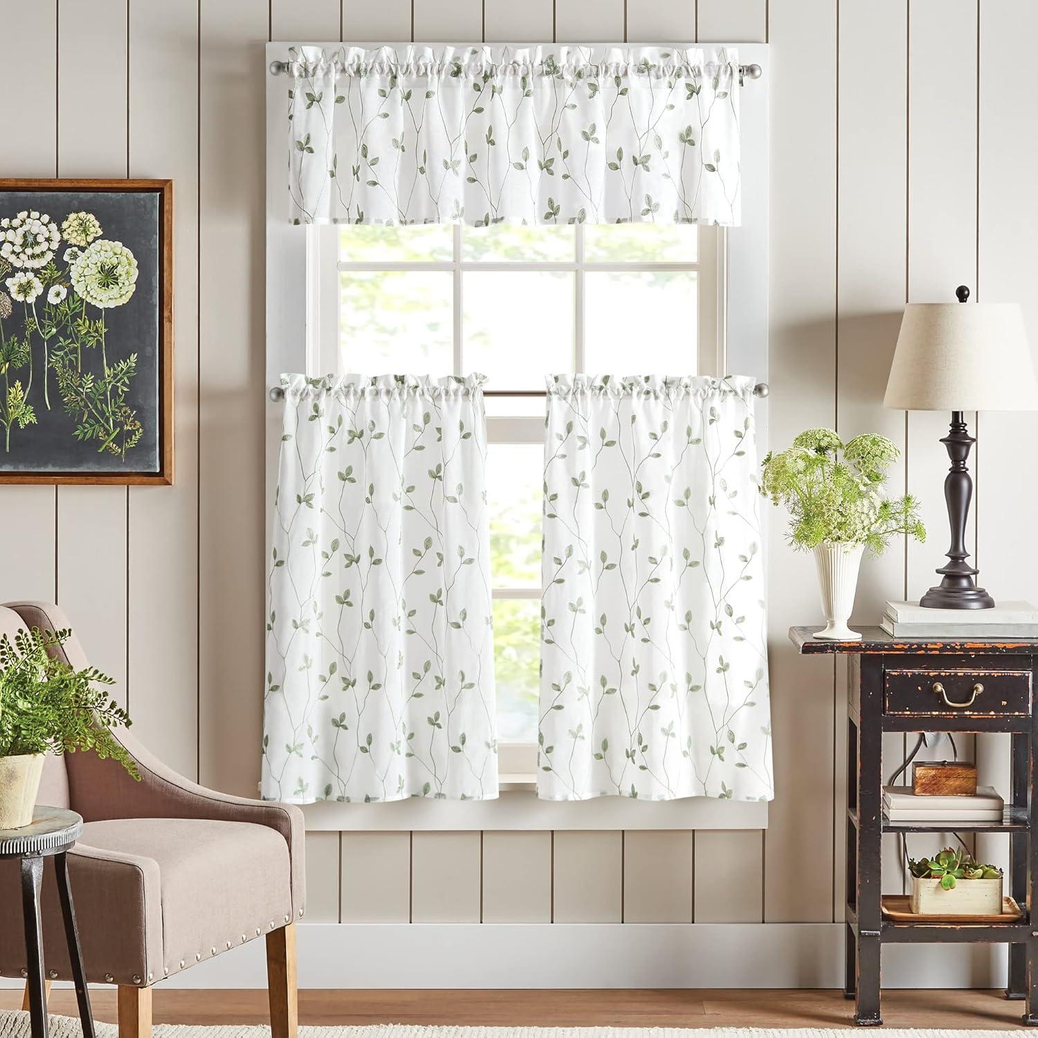 Sage Botanical Embroidered Polyester Light-Filtering Tier Curtains