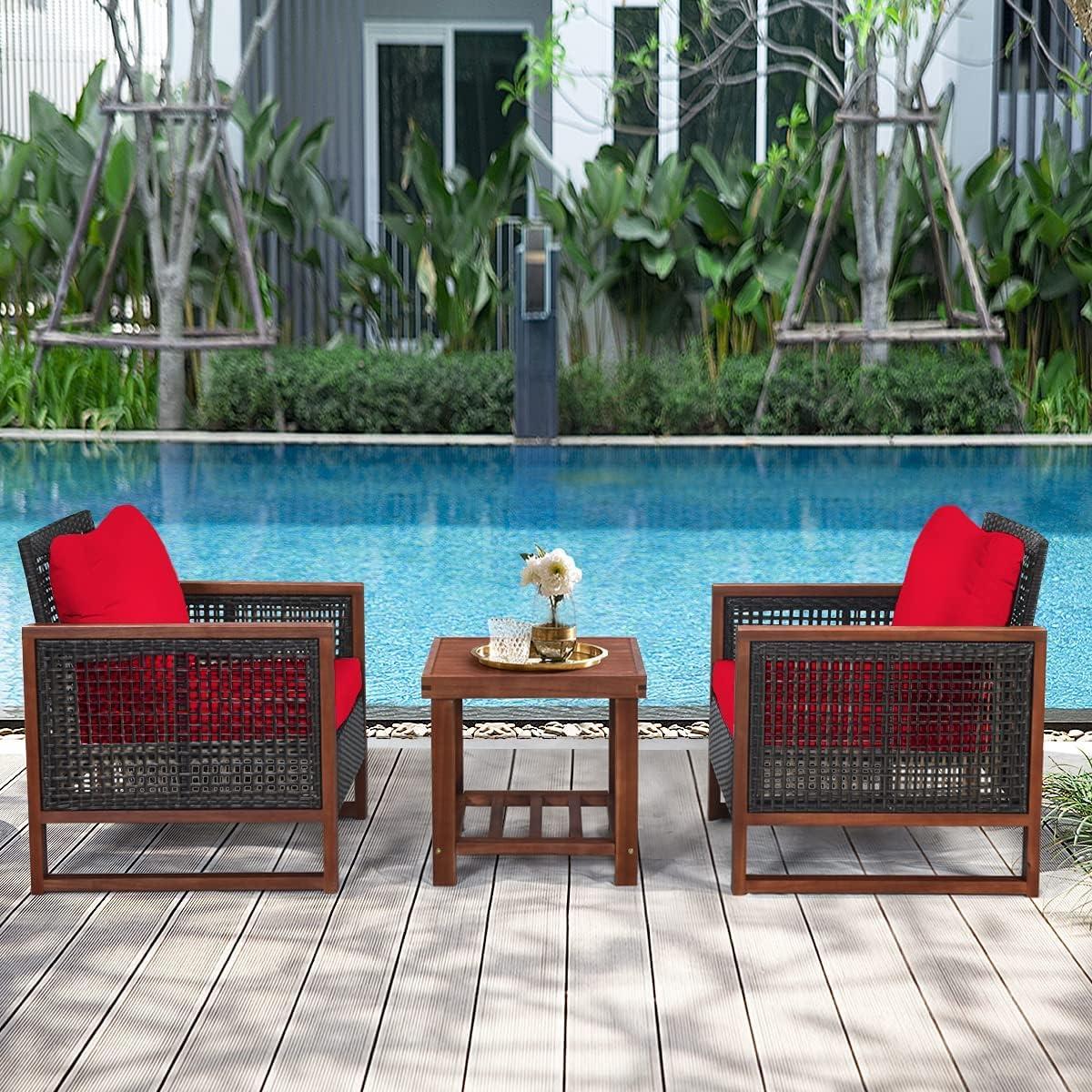 Costway 3PCS Patio Wicker Furniture Set Solid Wood Frame Cushion Sofa w/ Square Table Shelf Red