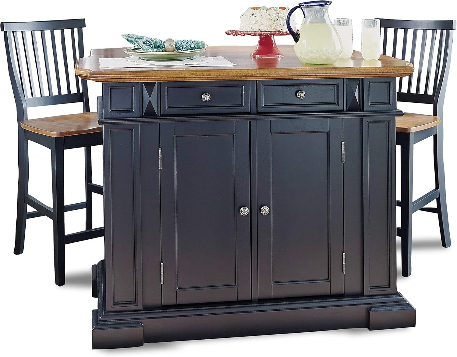 Black and Oak Wood Kitchen Island Set with Stools