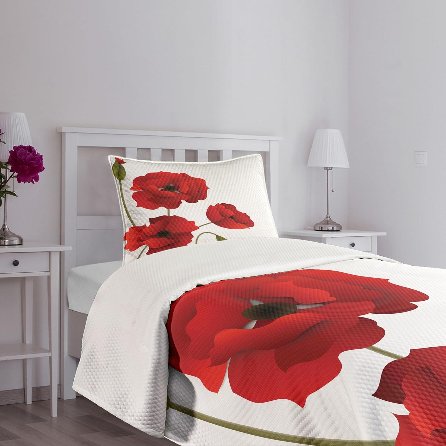 Ambesonne Ambesonne Floral Bedspread Set Flowers Petals and Buds Red Green
