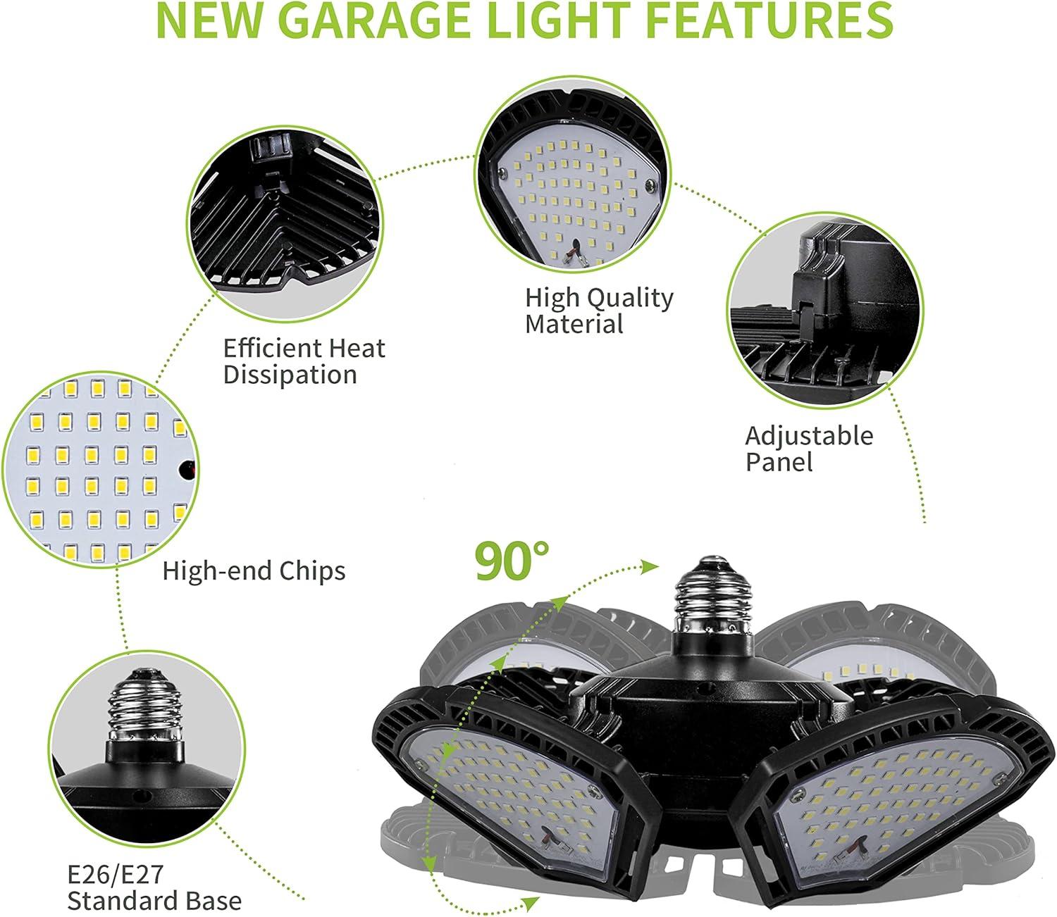 LED Garage Light,100W (900W Equivalent) 15000 Lumen 4-Head Deformable Ceiling Light, 5000K Daylight