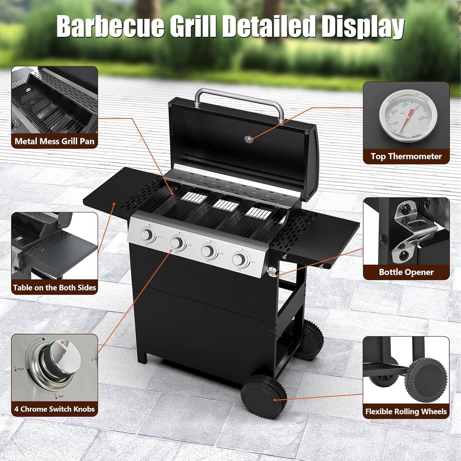 4-Burner Propane Grill with Top Cover Lid, Wheels, Side Tables, Built-in Thermometer, Stainless Steel 34,200 BTU Gas Grill