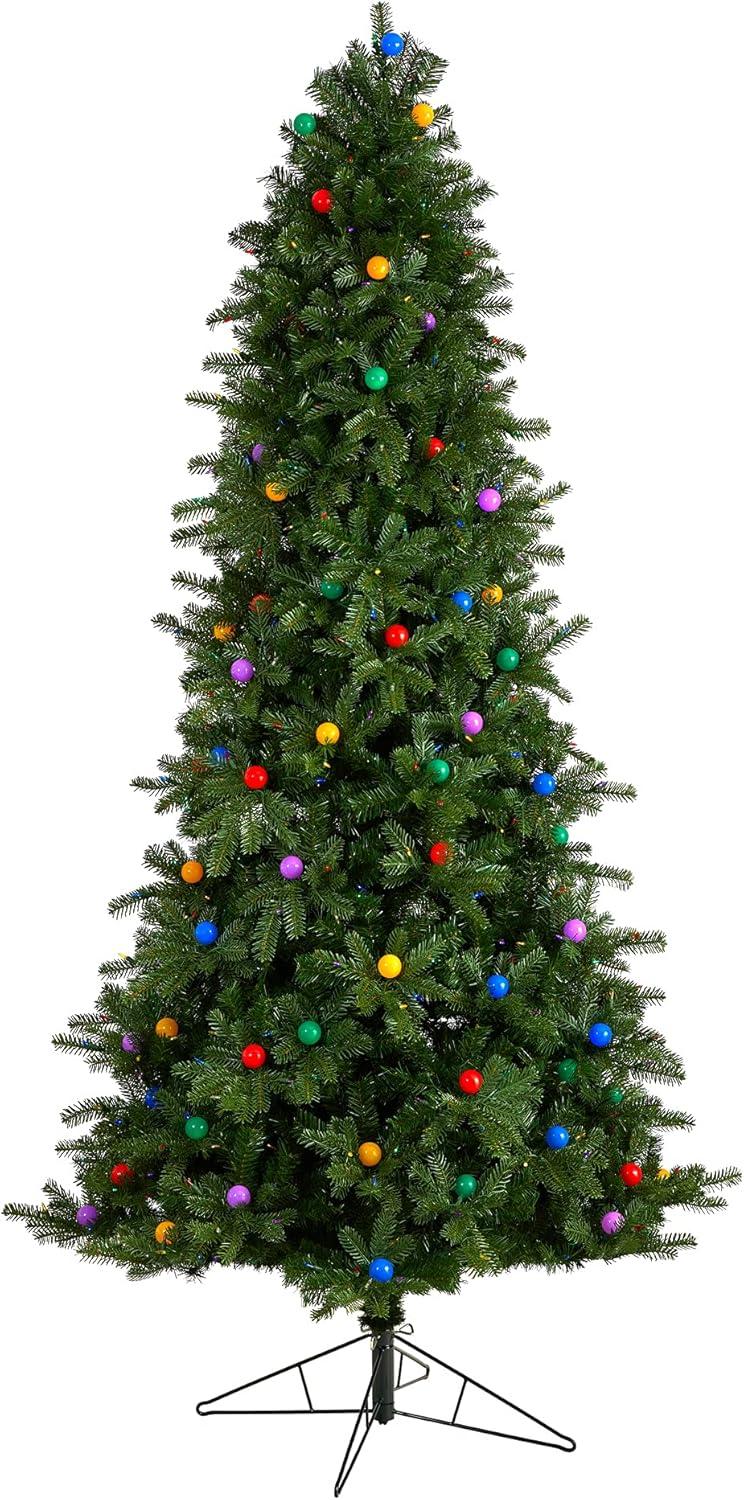 Nearly Natural Montana Mountain Fir Artificial Christmas Tree with Multi Color LED Lights and Instant Connect Technology, Globe Bulbs and Bendable Branches-Size:102 inch