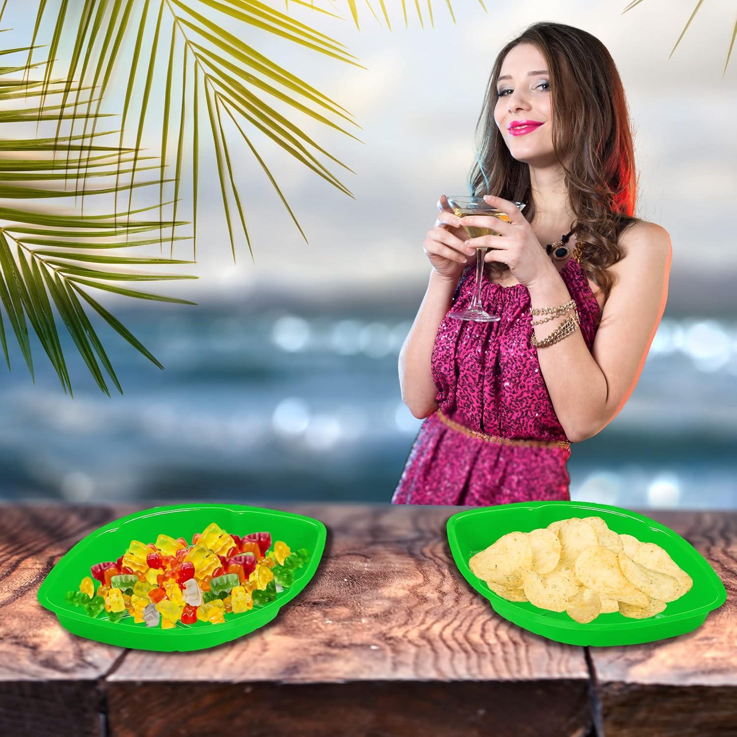 12 Pcs Palm Leaf Hawaiian Party Serving Tray Plastic - Candy Bar Food Holder, Buffet food Plates for Luau Jungle Tropical Party Supplies Table Centerpiece Decoration by 4E's Novelty