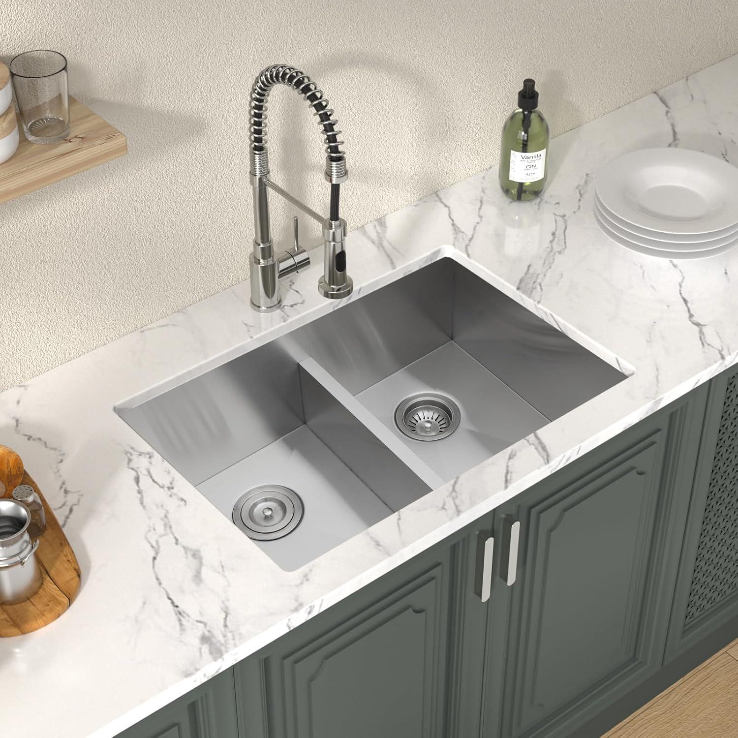 Double Bowl (60/40) Undermount Sink, 33"x19" Gunmetal Black Double Bowl Kitchen Sink 16 Gauge with Two 10" Deep Basin, X Grooves Engineered for Easy Draining
