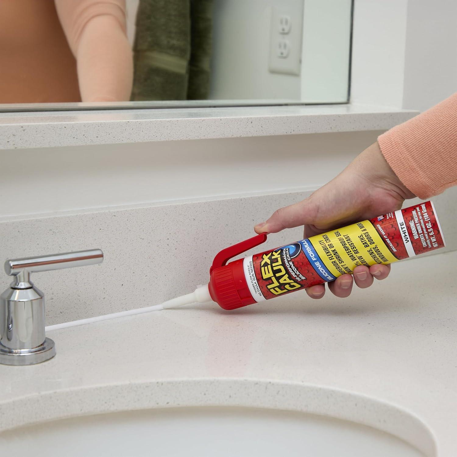 Flex Caulk, Silicone, Waterproof & Weatherproof Sealant, Strong, Indoor, Outdoor, Bath, Kitchen, Shower, Sink, Window, Baseboards, Door, RV, Roof, Wood, Glass, Tile, Marine, White, 6.5 oz, 1-Pack