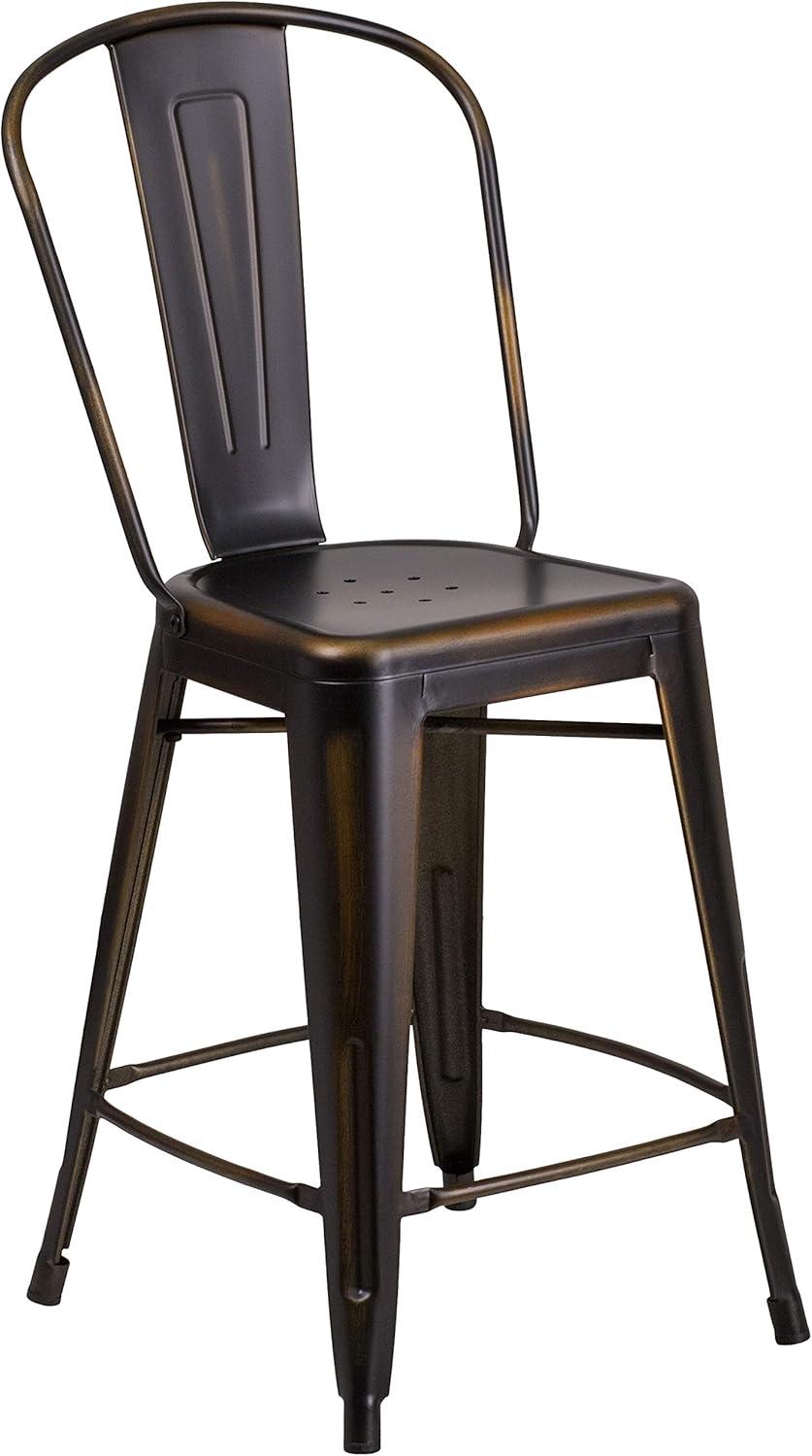 Flash Furniture Commercial Grade 24" High Distressed Metal Indoor-Outdoor Counter Height Stool with Back