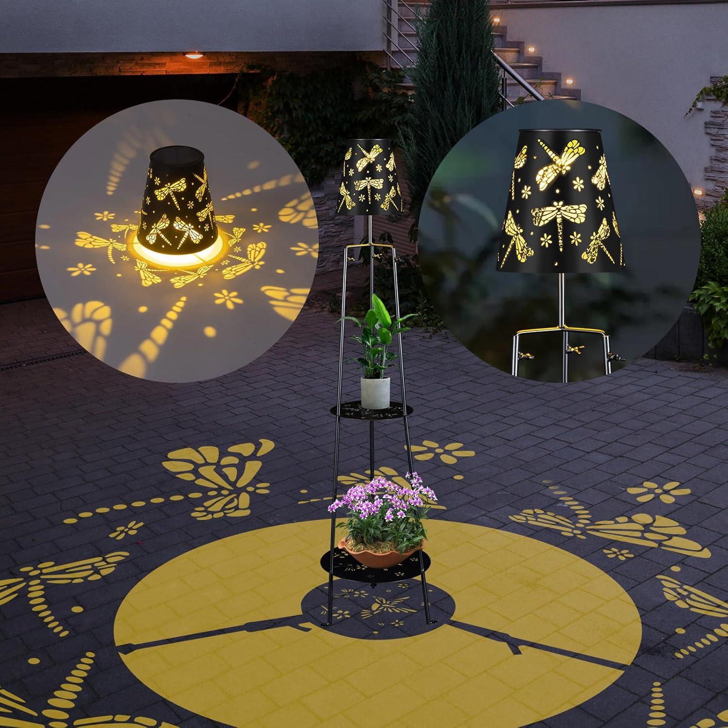 TULGIX Outdoor Metal Solar Floor Lamps With 2 Plant Stand