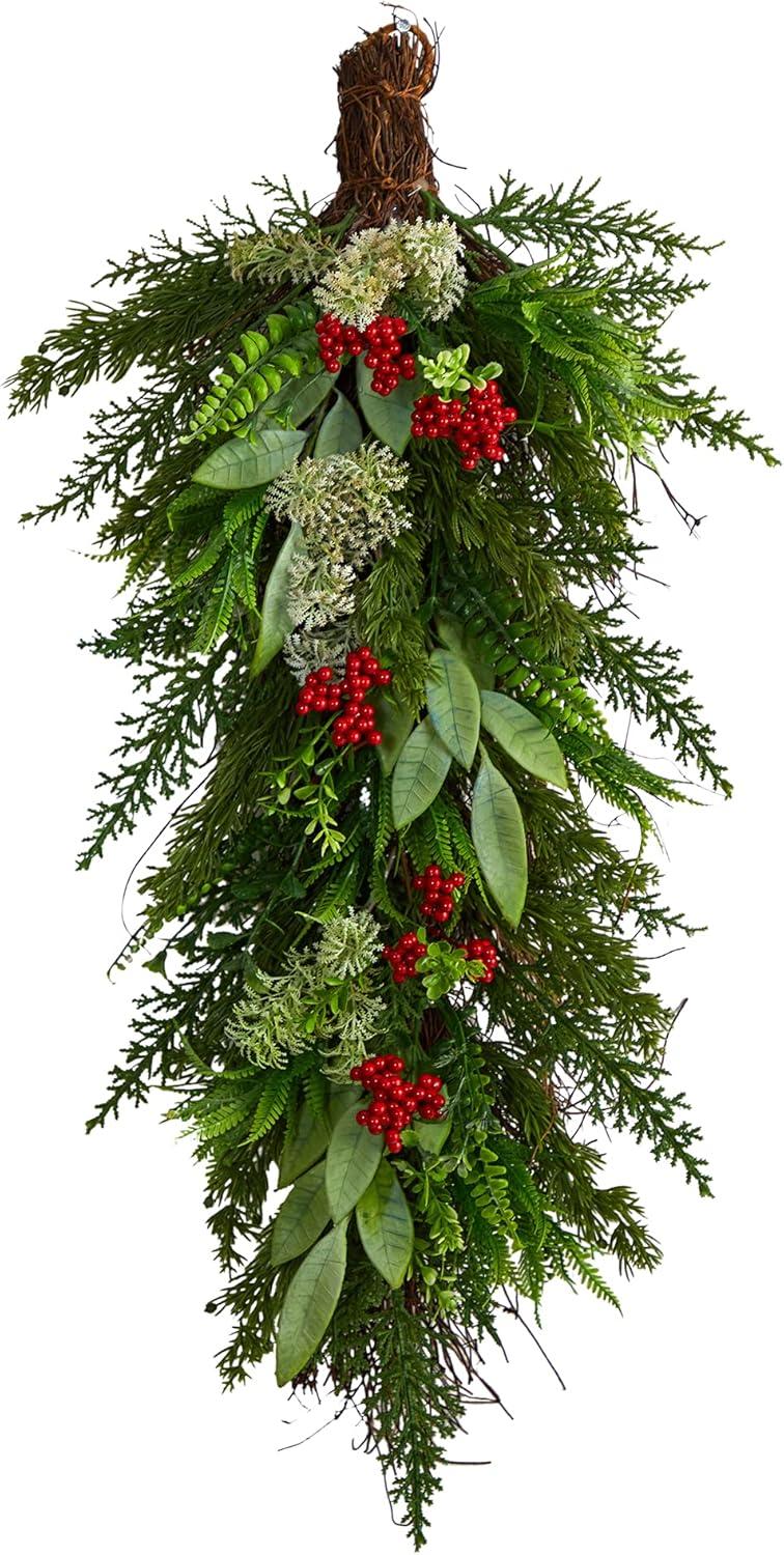 30" Green and Red Artificial Cedar Christmas Swag