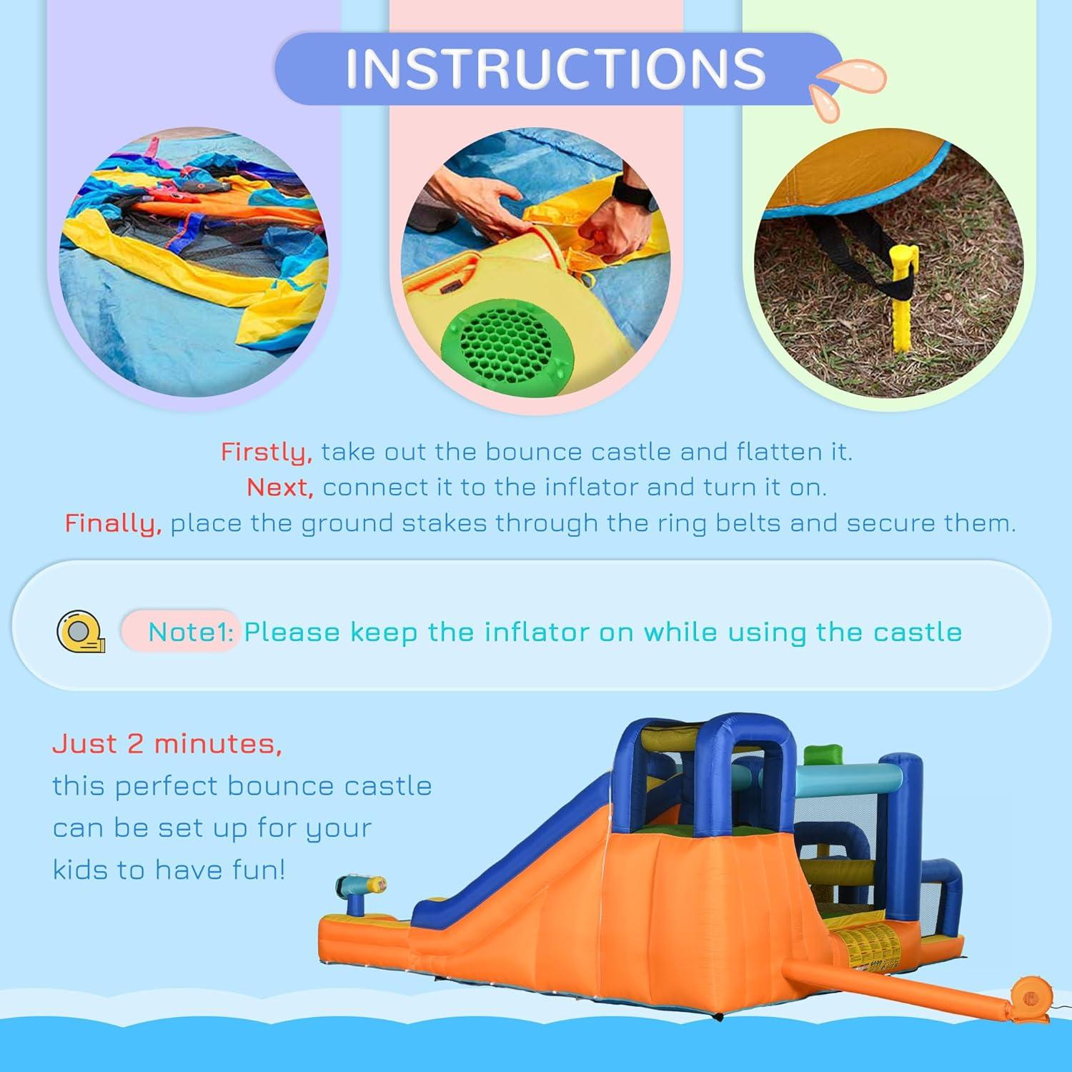 Outsunny 7 in 1 Water Slide with Slide, Pool, Climbing Wall, Water Cannon, Basketball Hoop, Boxing Post, Football Stand for 3-8 Years Old Kids