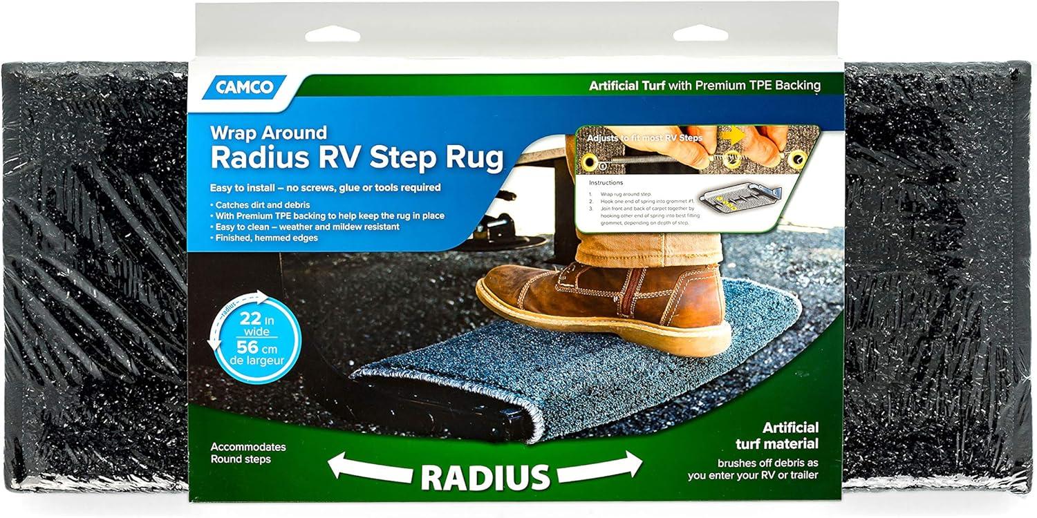 Camco RV Wrap Around Turf Rug | Weather and Mildew Resistant| Easy Install | Artificial Turf, Black (42947)