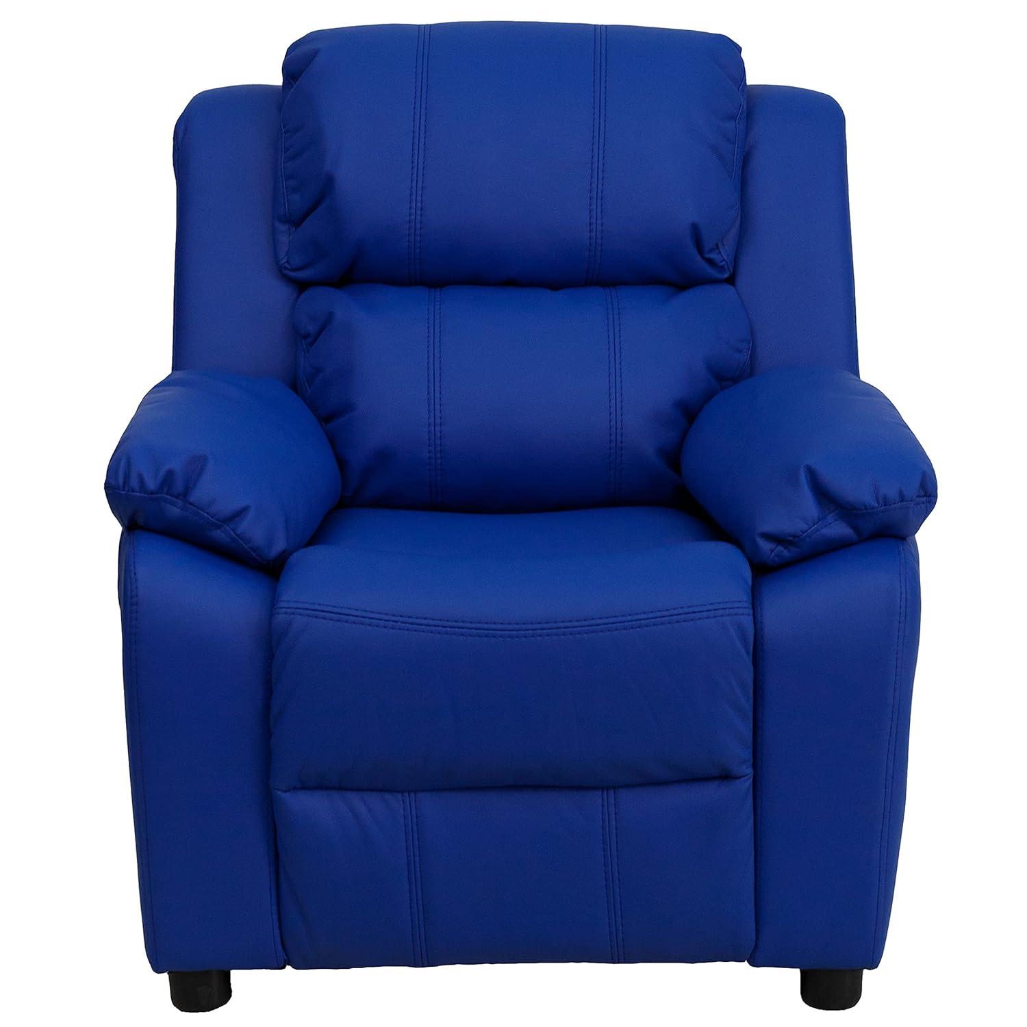 Flash Furniture Charlie Deluxe Padded Contemporary Blue Vinyl Kids Recliner with Storage Arms