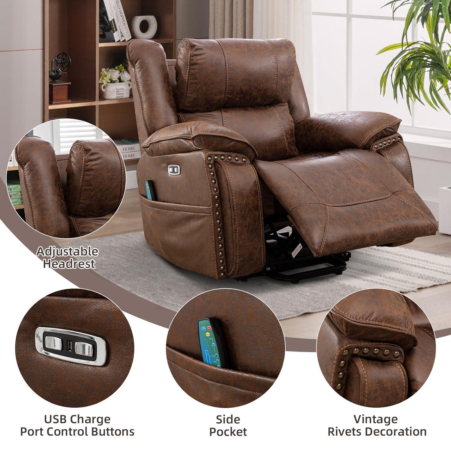 CANMOV Power Recliner Chair Electric Home Theater Seating Soft Leather Movie Chair for Living Room Overstuffed Single Reclining Sofa with Hidden Arm Storage, Cup Holders and USB Ports