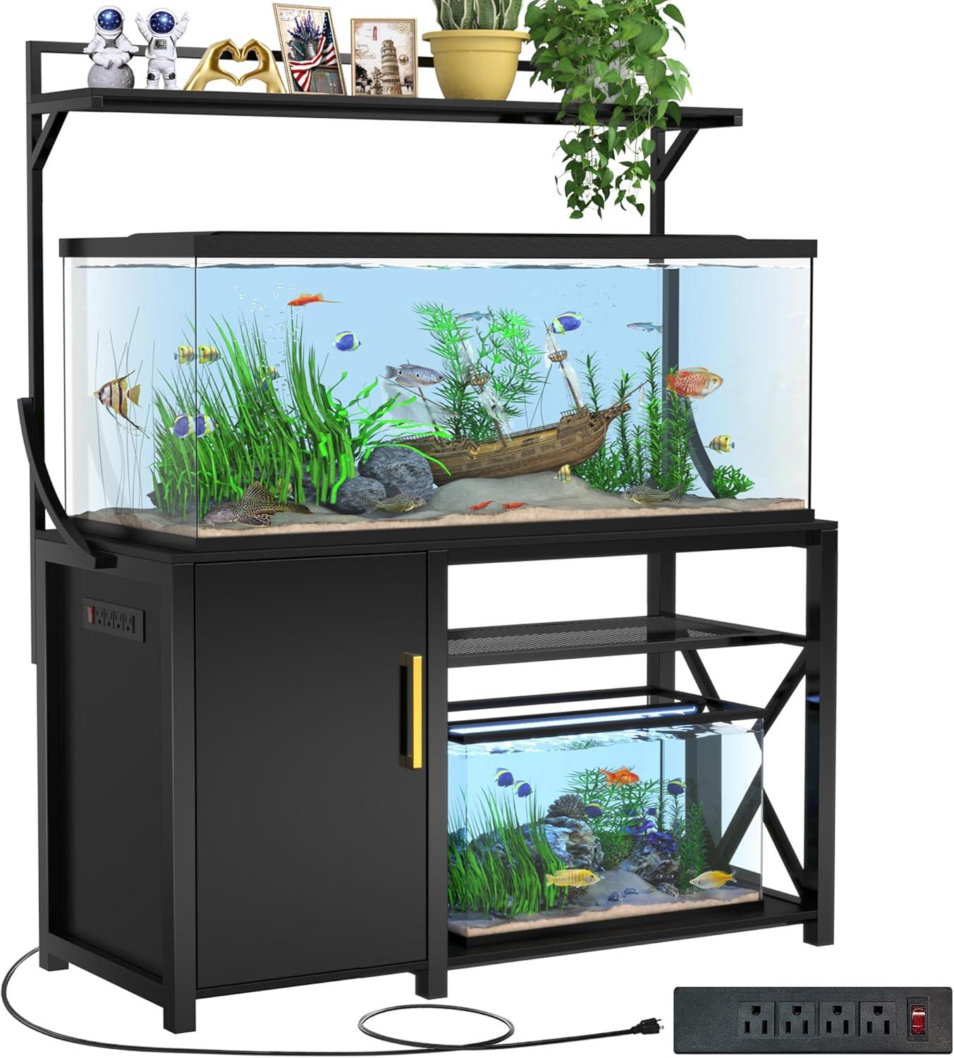 Black Metal 55-75 Gallon Aquarium Stand with Cabinet and Power Outlet