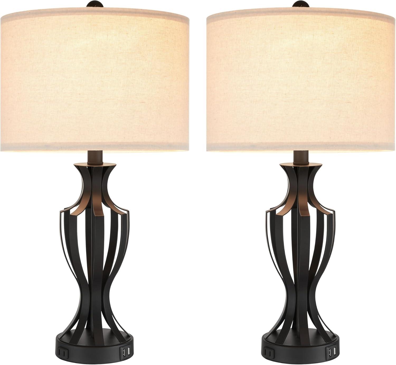 Kyrid 23.25'' Modern Metal USB Charging Table Lamp Set of 2 with Fabric Shade(Bulbs Included)