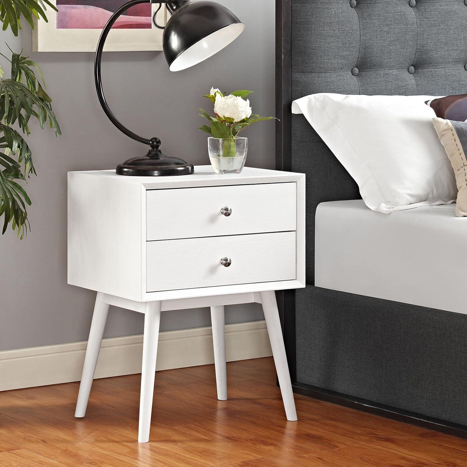 Walnut Mid-Century Modern 2-Drawer Nightstand with Metal Knob Handles