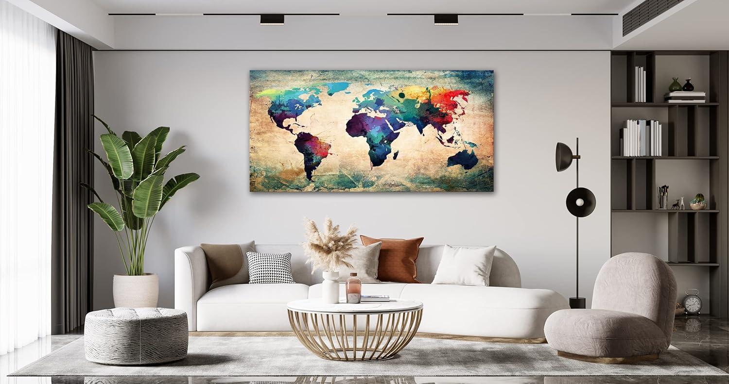 Baisuwallart A62075 Abstract World Map Canvas Painting Vintage Posters and Prints Colorful Wall Art Wall Pictures Artwork Framed Ready to Hang for Living Room Bedroom Office Home Decor 30x60inch