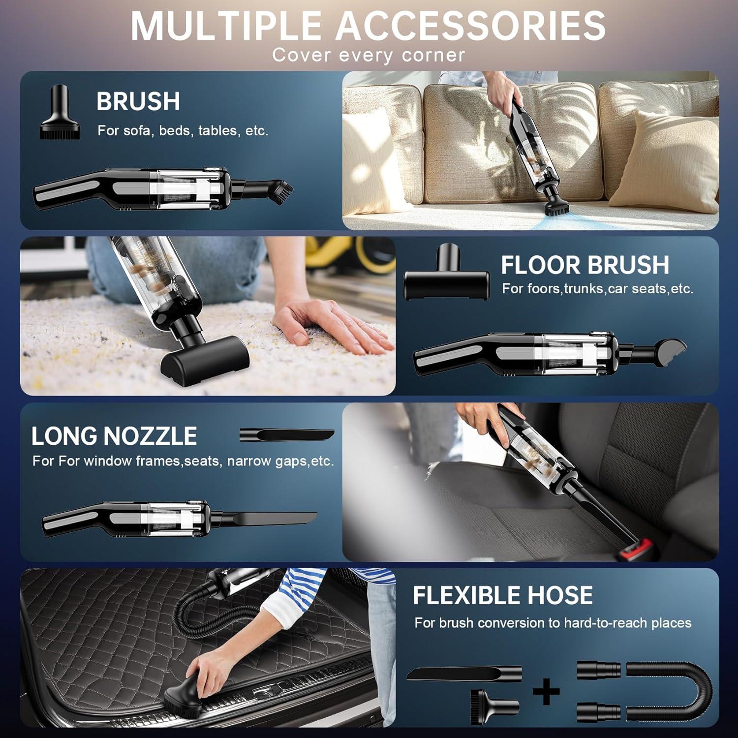 Cordless Handheld Vacuum, Rechargeable Car Vacuum with 16000Pa Powerful Suction, Ultra-Lightweight 1.3lbs, Brushless Motor, Multiple Accessories for Home Office Car Pets Cleaning