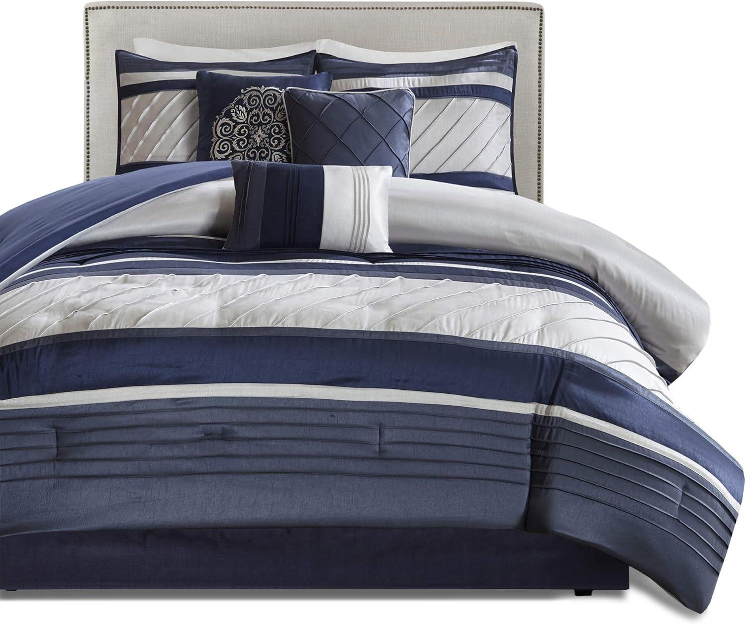 Navy Microfiber 7-Piece Queen Comforter Set with Decorative Pillows