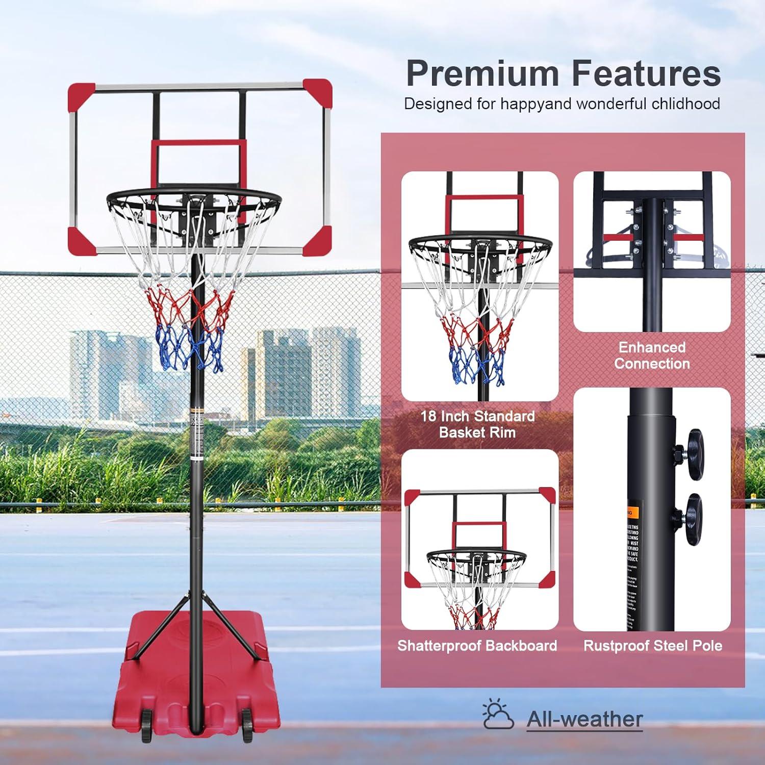 Portable Basketball Goal System with Stable Base and Wheels, use for Indoor Outdoor teenagers youth height adjustable 5.6 to 7ft Basketball Hoop 28 Inch Backboard