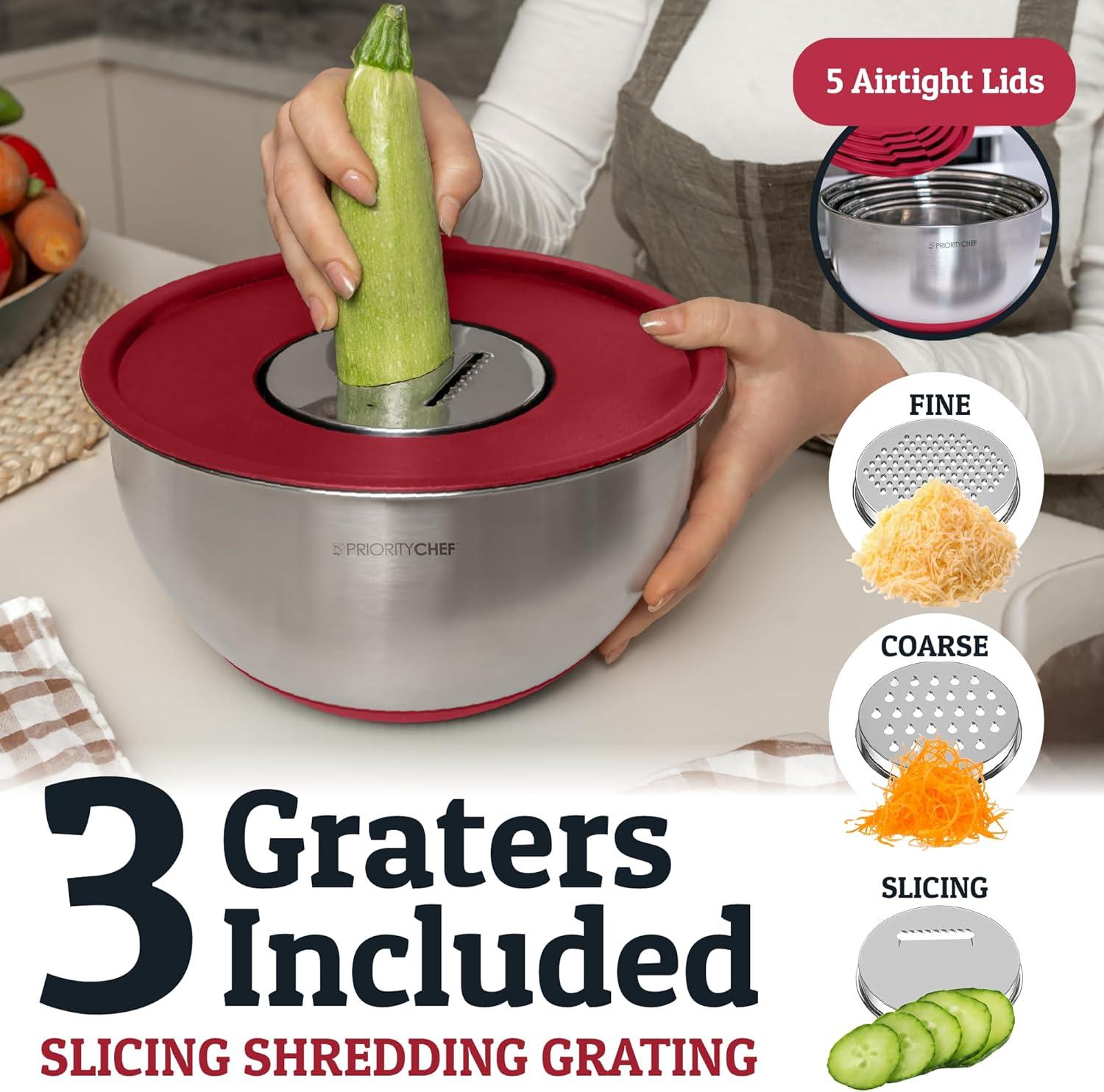 Mixing Bowls with Lids Set - Nesting Bowls with Airtight Lids + Graters - Stainless Steel Non-Slip Mixing Bowl for Baking, (Red, 5-Piece Set)