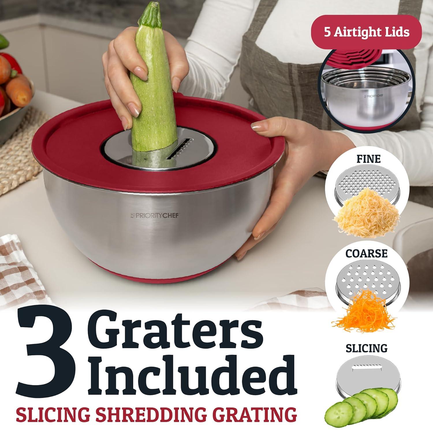 Mixing Bowls with Lids Set - Nesting Bowls with Airtight Lids + Graters - Stainless Steel Non-Slip Mixing Bowl for Baking, (Red, 5-Piece Set)