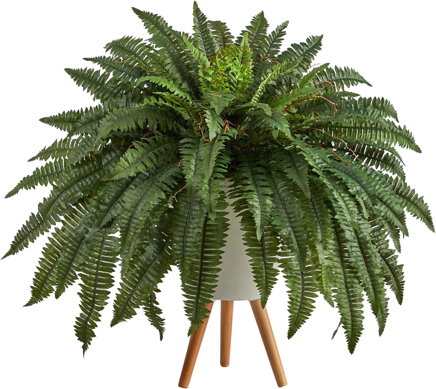 Nearly Natural 2.5-ft Boston Fern Artificial Plant in White Planter with Legs