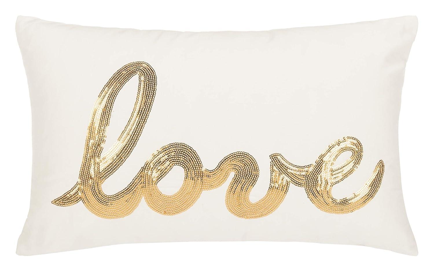 SAFAVIEH First Comes Love 12" x 18" Glam Plush Pillow, Gold/Cream