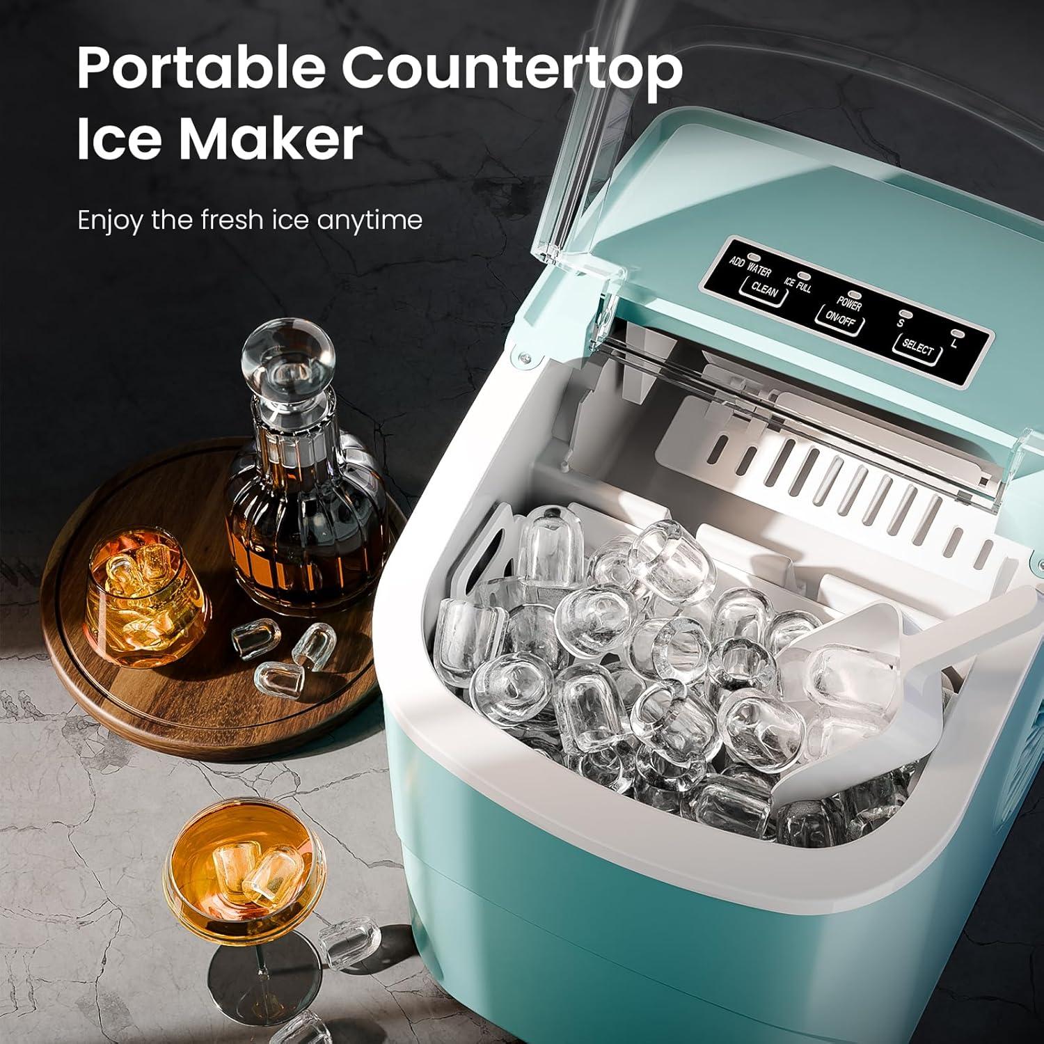 R.W.FLAME Ice Makers Countertop with Handle,26.5Lbs/24H,9 Cubes in 6 Mins,2 Sizes of Bullet Ice,Portable Ice Maker Machine with Self-Cleaning, green