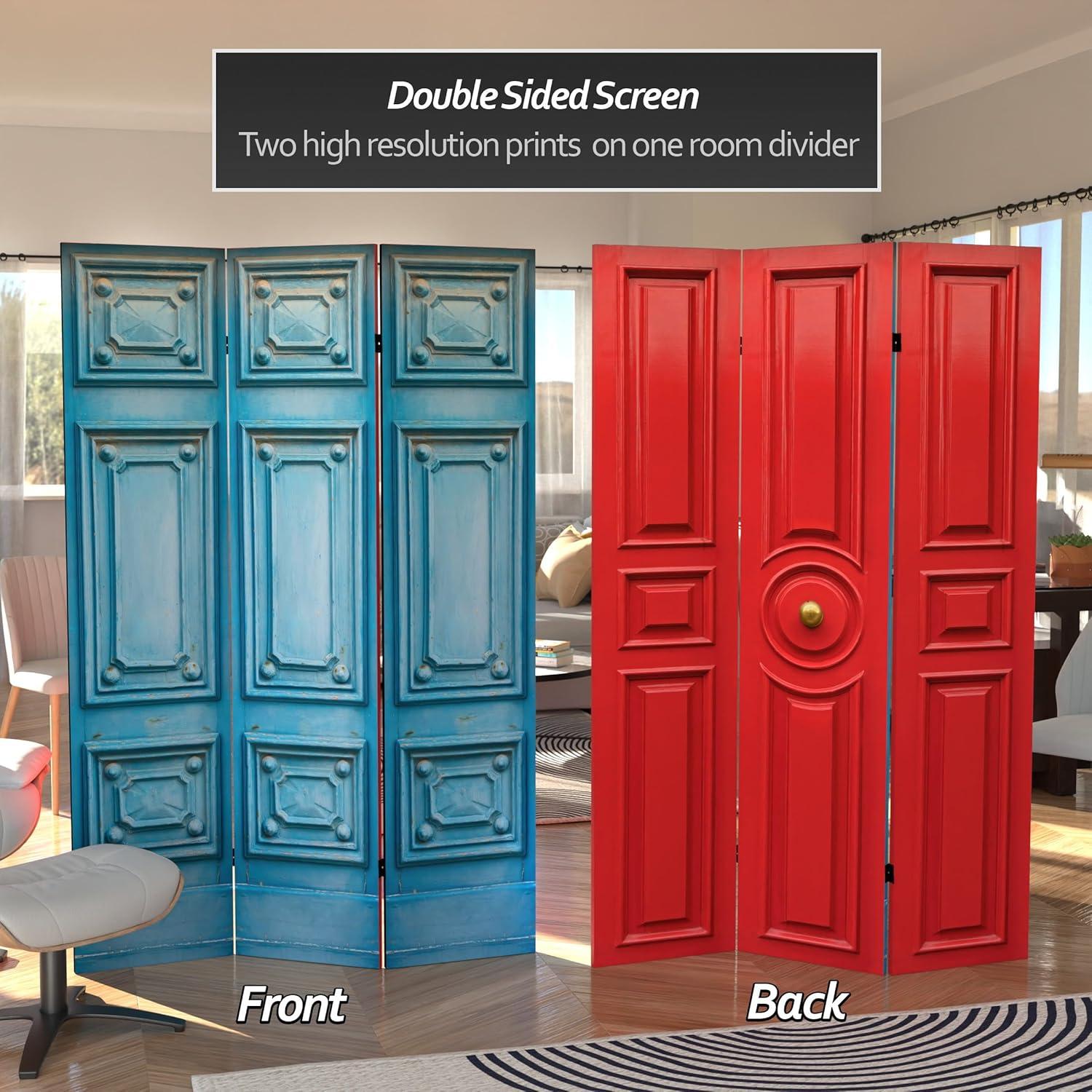 Oriental Furniture 6" Double Sided Fancy Door Panel Canvas Room Divider Blue: Adjustable 3-Panel Folding Partition