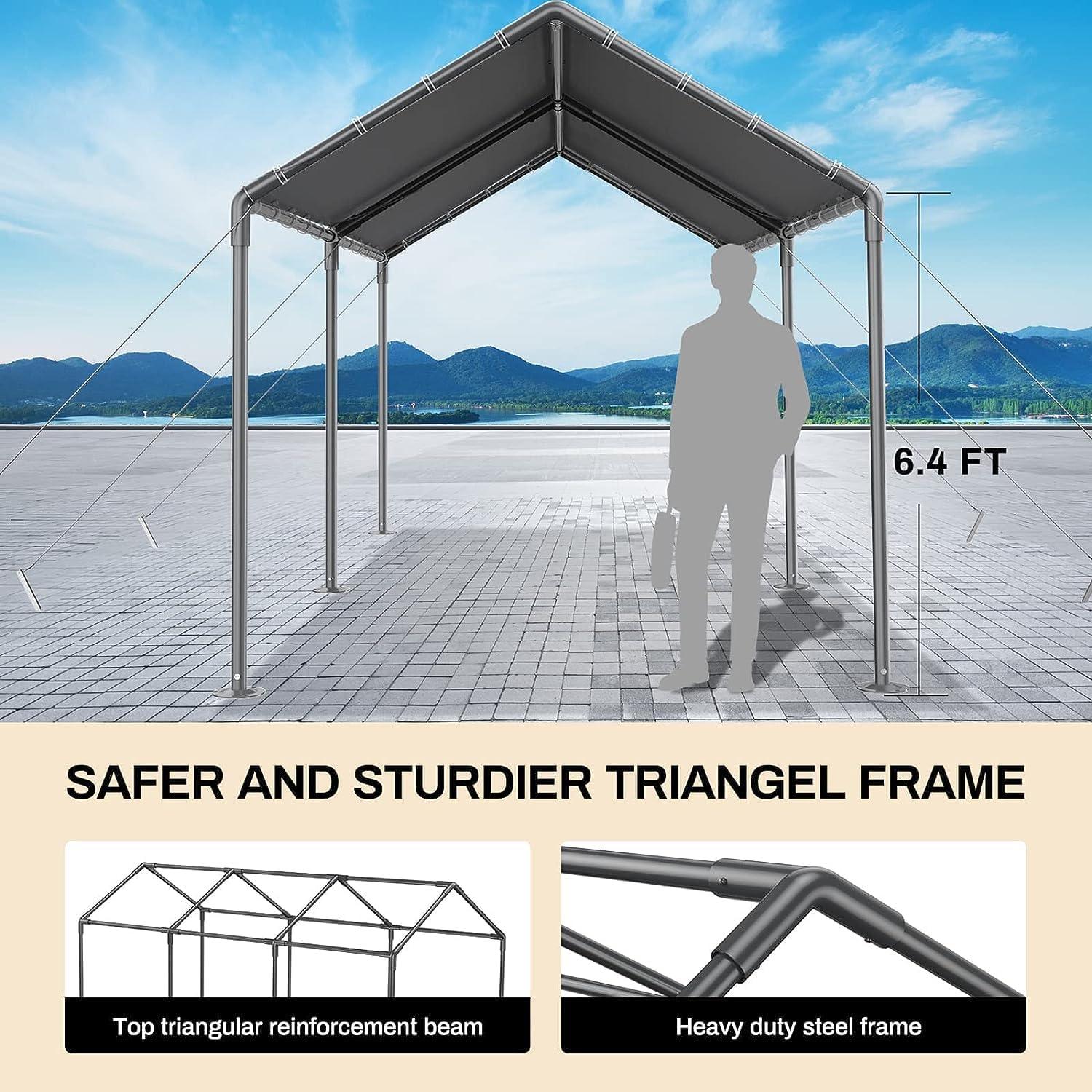 Carports Canopy 10x20 Heavy Duty, Metal Carport Waterproof Carports Garage Tent with 6 Steel Stakes Outdoor for Car Tuck Boat SUV Party (Grey)