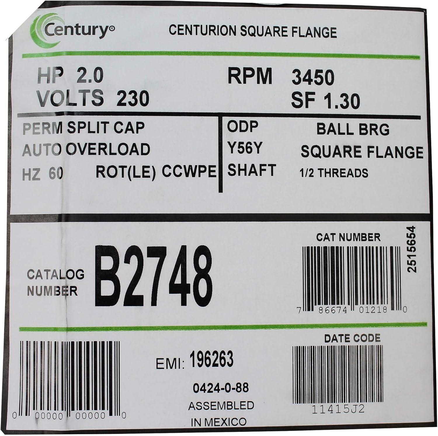 Century AO Smith B2748 Single Speed Square Flange Swimming Pool Pump Motor 2 HP