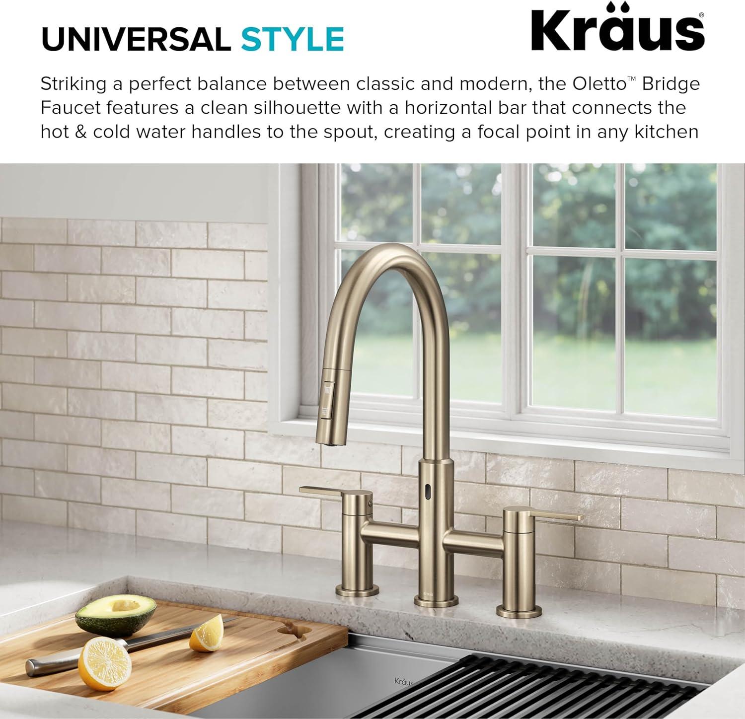 KRAUS Oletto Touchless Sensor Bridge Kitchen Faucet With Pull-Down Sprayhead