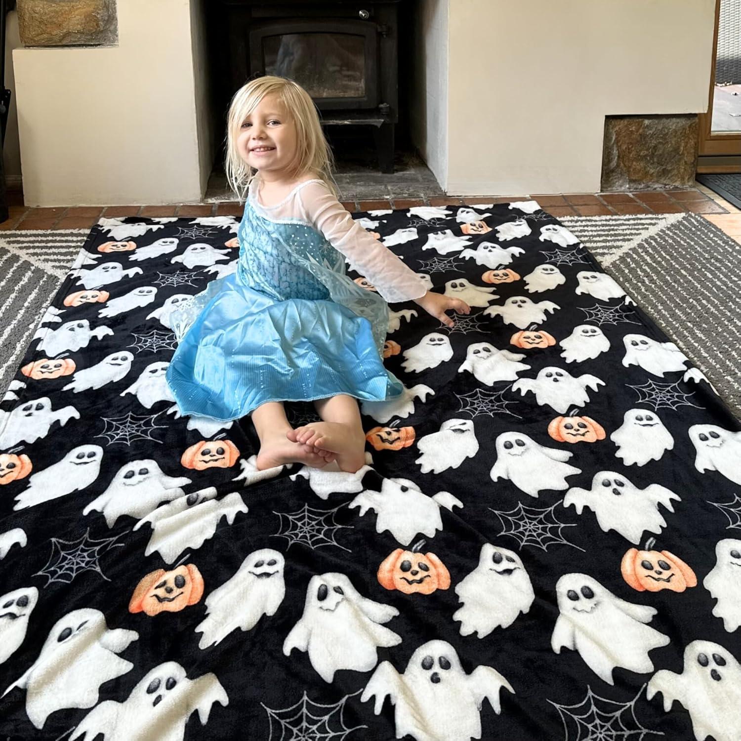 Halloween Pumpkin and Ghost Black Fleece Throw Blanket