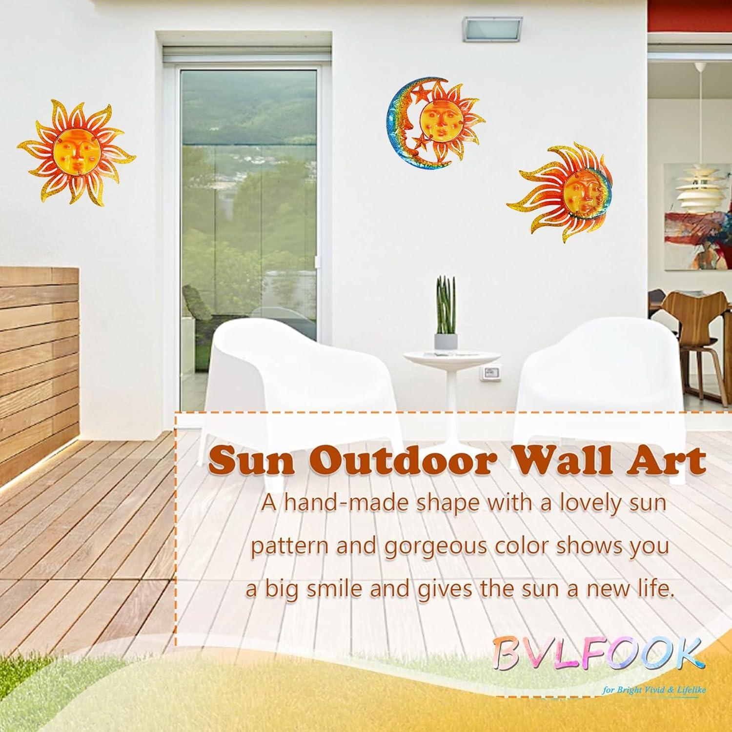 BVLFOOK Sun Face Metal Wall Art Decor Outdoor Indoor, Sun Moon Star, Metal & Glass Hanging Wall Patio Decorations for Outdoor Living Room Bedroom Garden Porch Fence Balcony, Set of 3, 9 inch Large