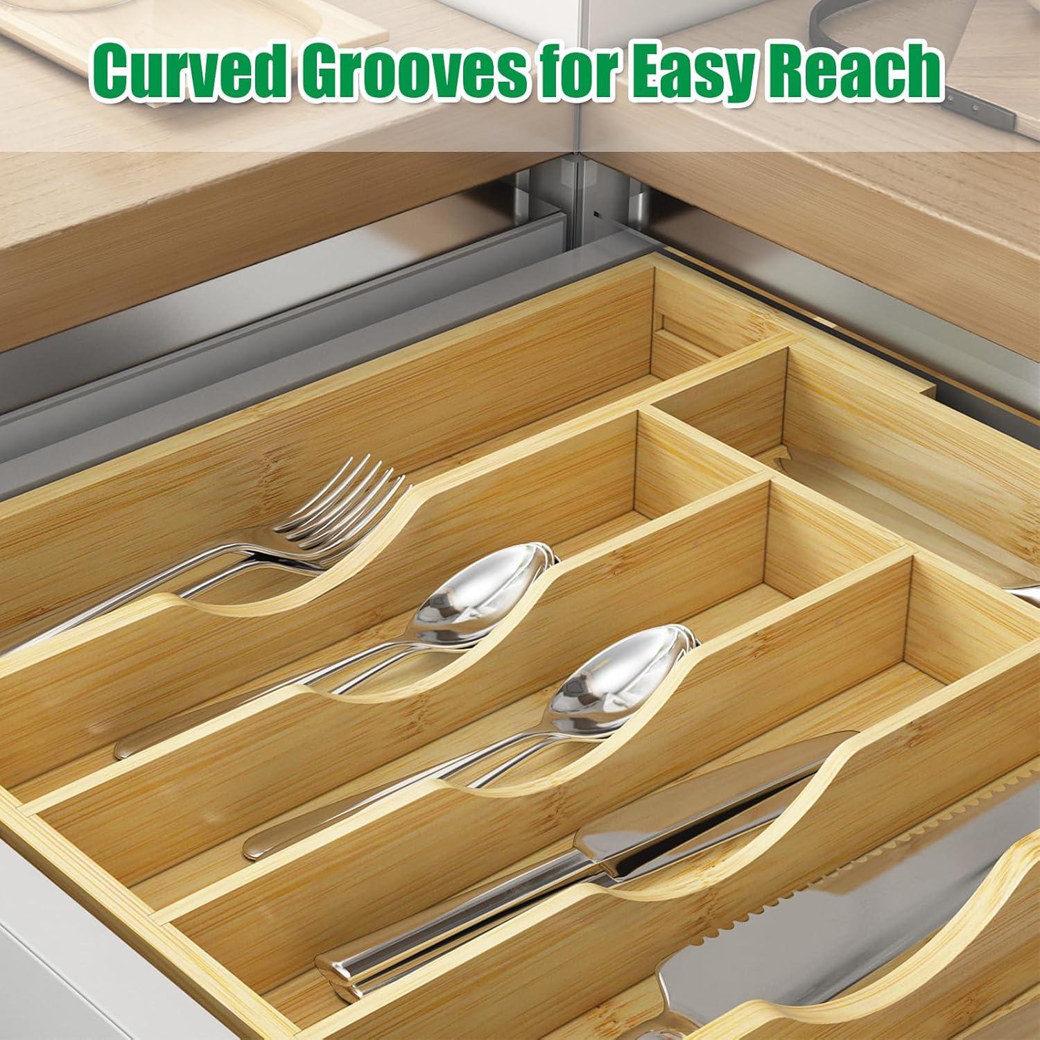 BAMBUROBA Bamboo Kitchen Drawer Organizer,Expandable Silverware Organizer,2 Pack Utensil Holder and Cutlery Tray with 7 Slots,Gadgets Storage Divider,Natural