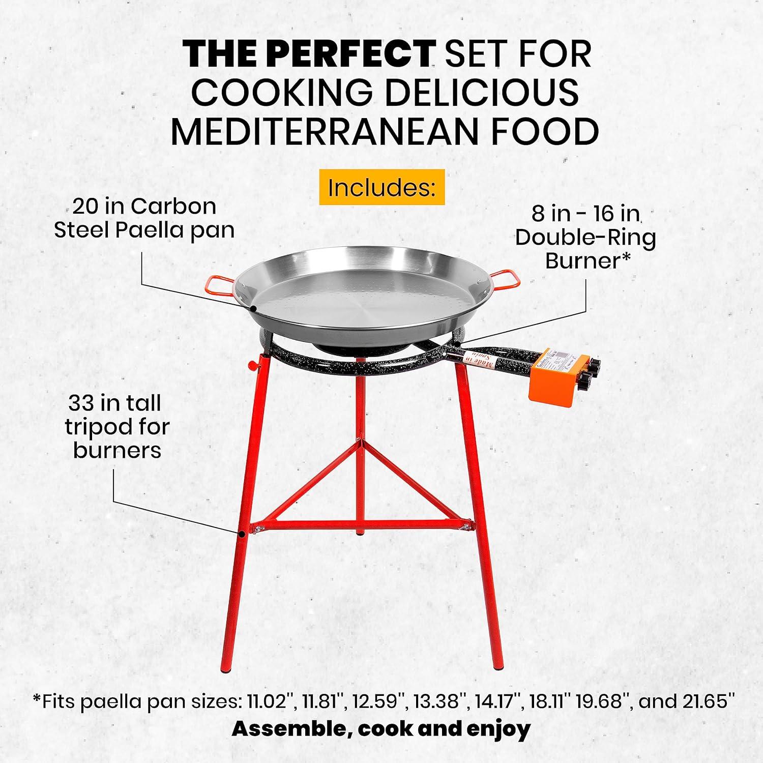 Machika Paella Pan Set with Burner Carbon Steel Outdoor Pan and Legs Manufactured by Garcima (Tabarca I 14 Servings)