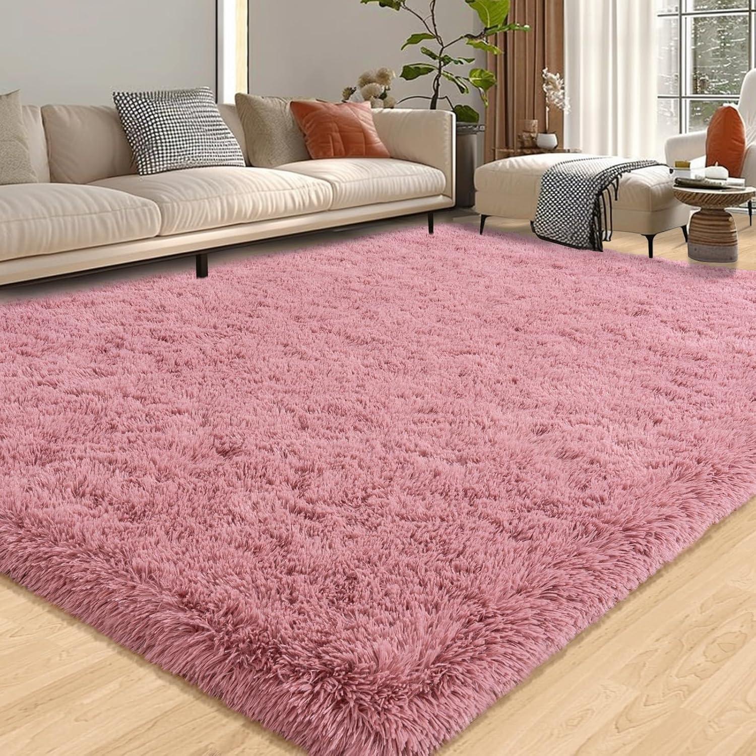 Large Shag Rug 6 x 9 for Living Room, Fluffy Blush Pink Area Rug for Girls Kids Bedroom, Soft Fuzzy Plush Throw Carpet, Non Slip Modern Indoor Shaggy Rug for Home Decor Aesthetic